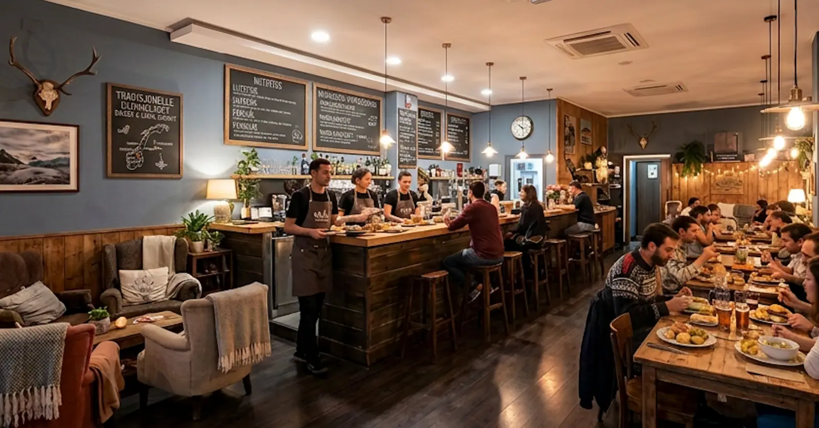La barra de madera de SKÅL Madrid con el equipo de sala y las pizarras del menú del día