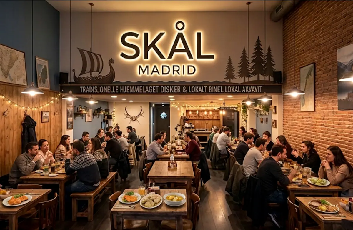Comedor principal de SKÅL Madrid lleno de comensales, con el rótulo iluminado y un drakkar recortado sobre la pared