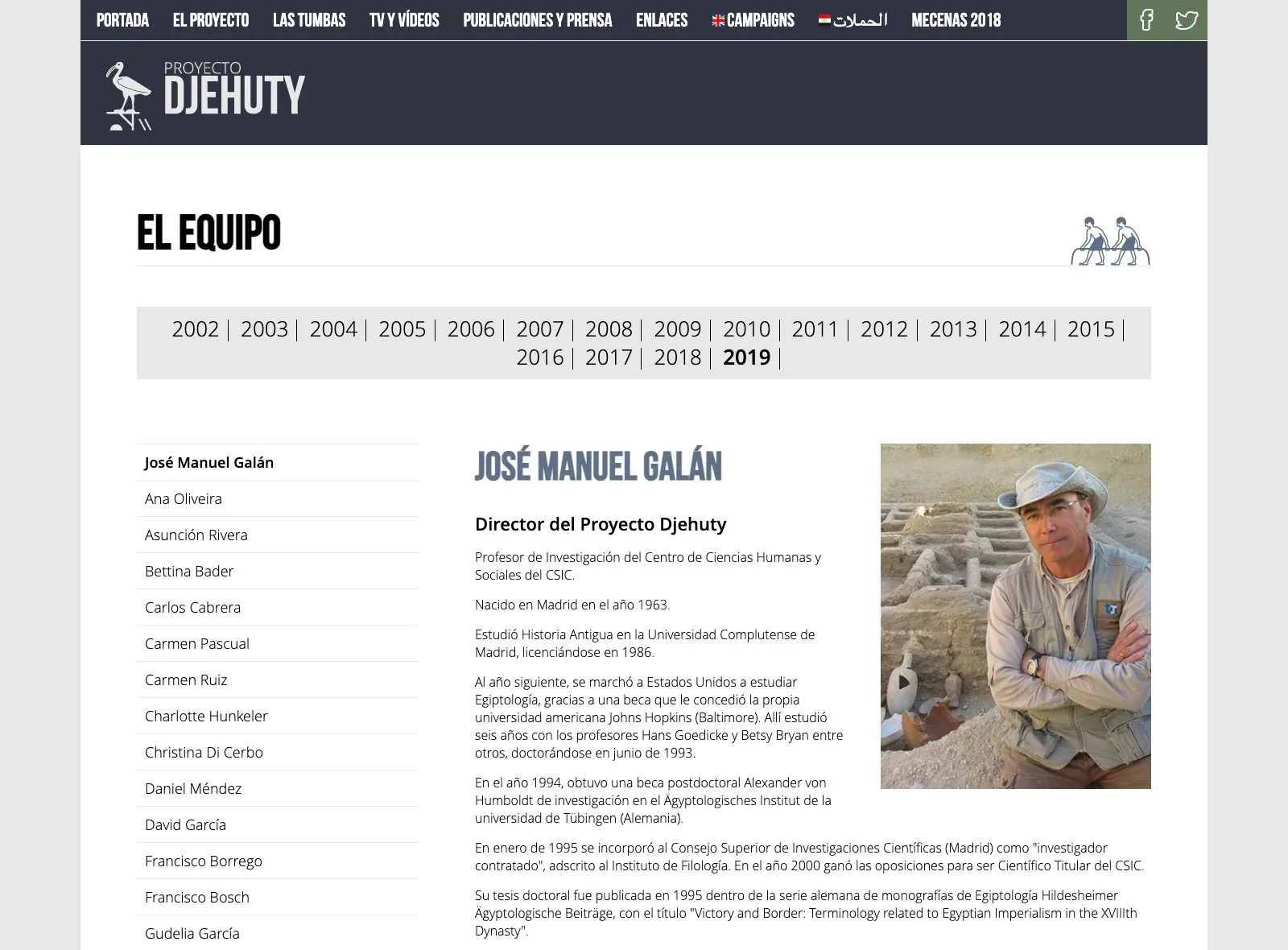 The card for José Manuel Galán, the project director, with the 2019 team list on the left and his biography and portrait on the right