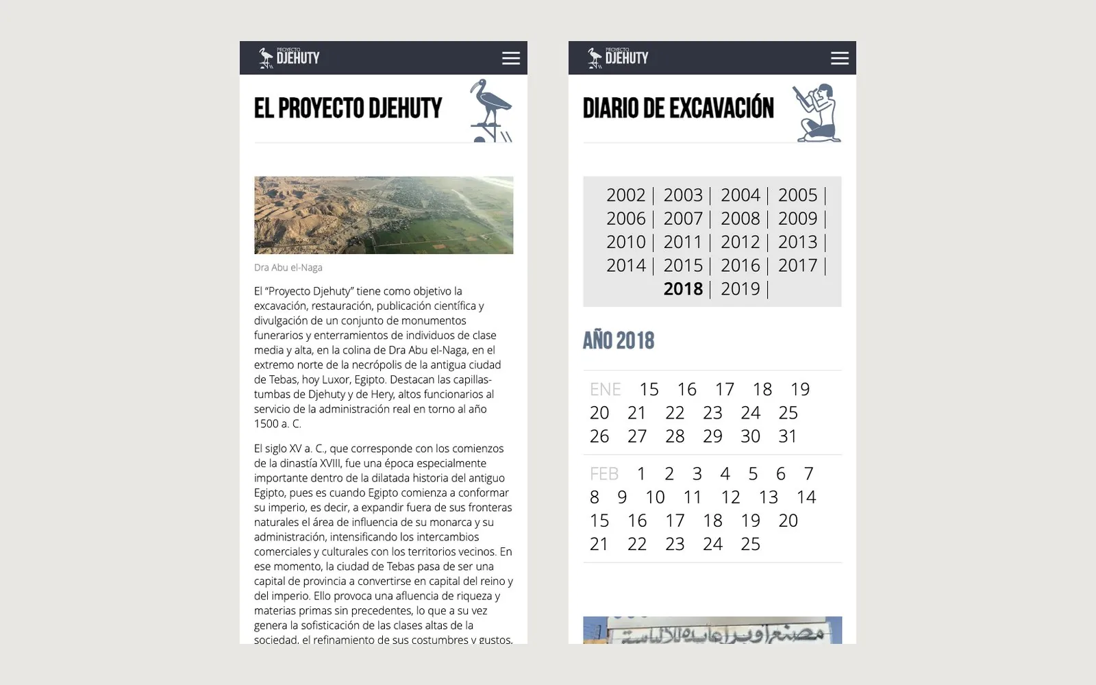 The same pages at 430 px: the project page and the 2018 excavation diary, with the menu collapsed into a burger and the year bar in four columns