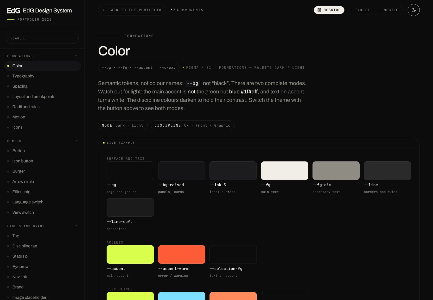 The Colour page of the documentation: the swatches for surface, text, accents and disciplines, each labelled with its token name