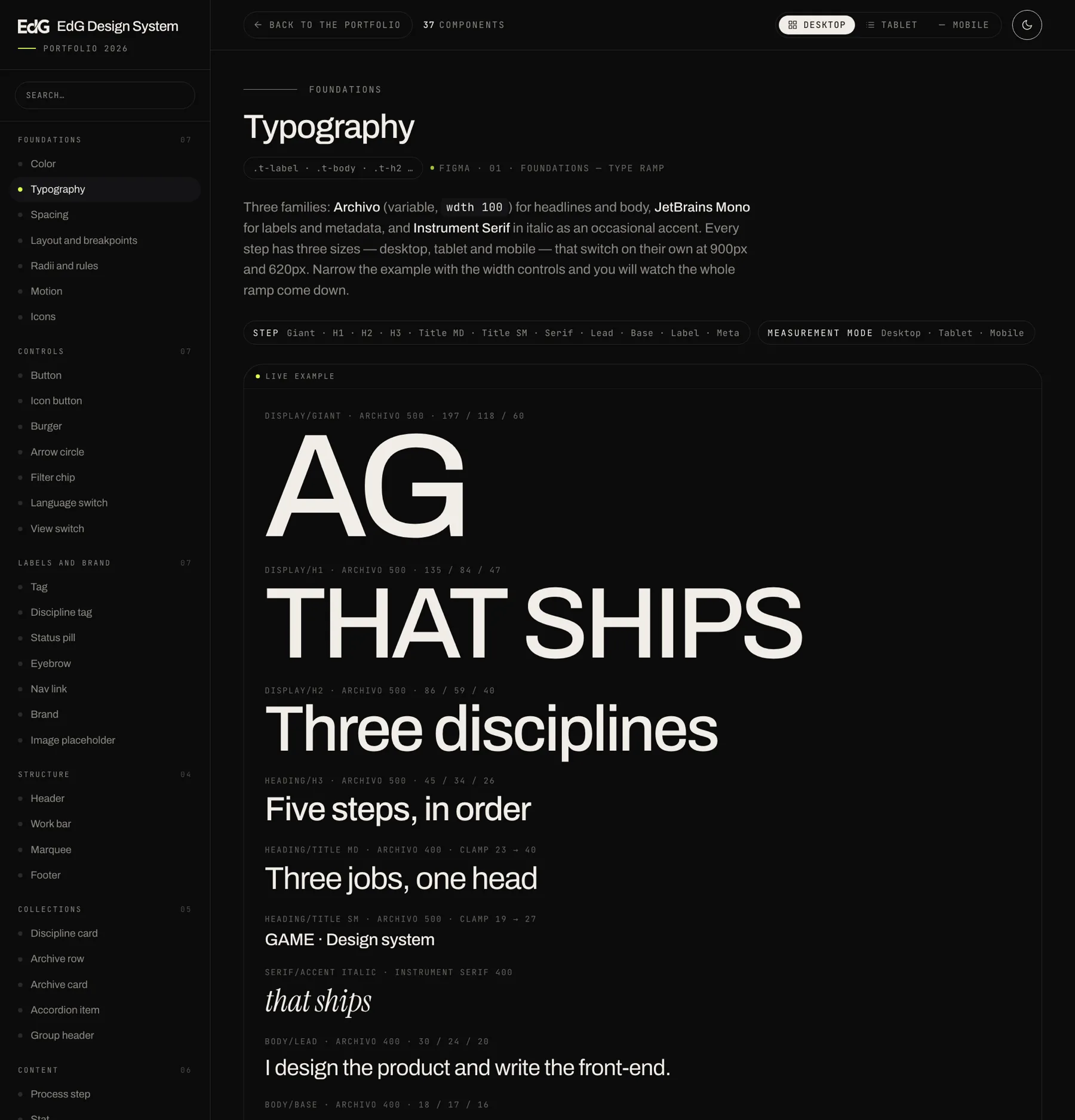 The typography page: the full ramp in Archivo, JetBrains Mono and Instrument Serif, with the three sizes of every step annotated