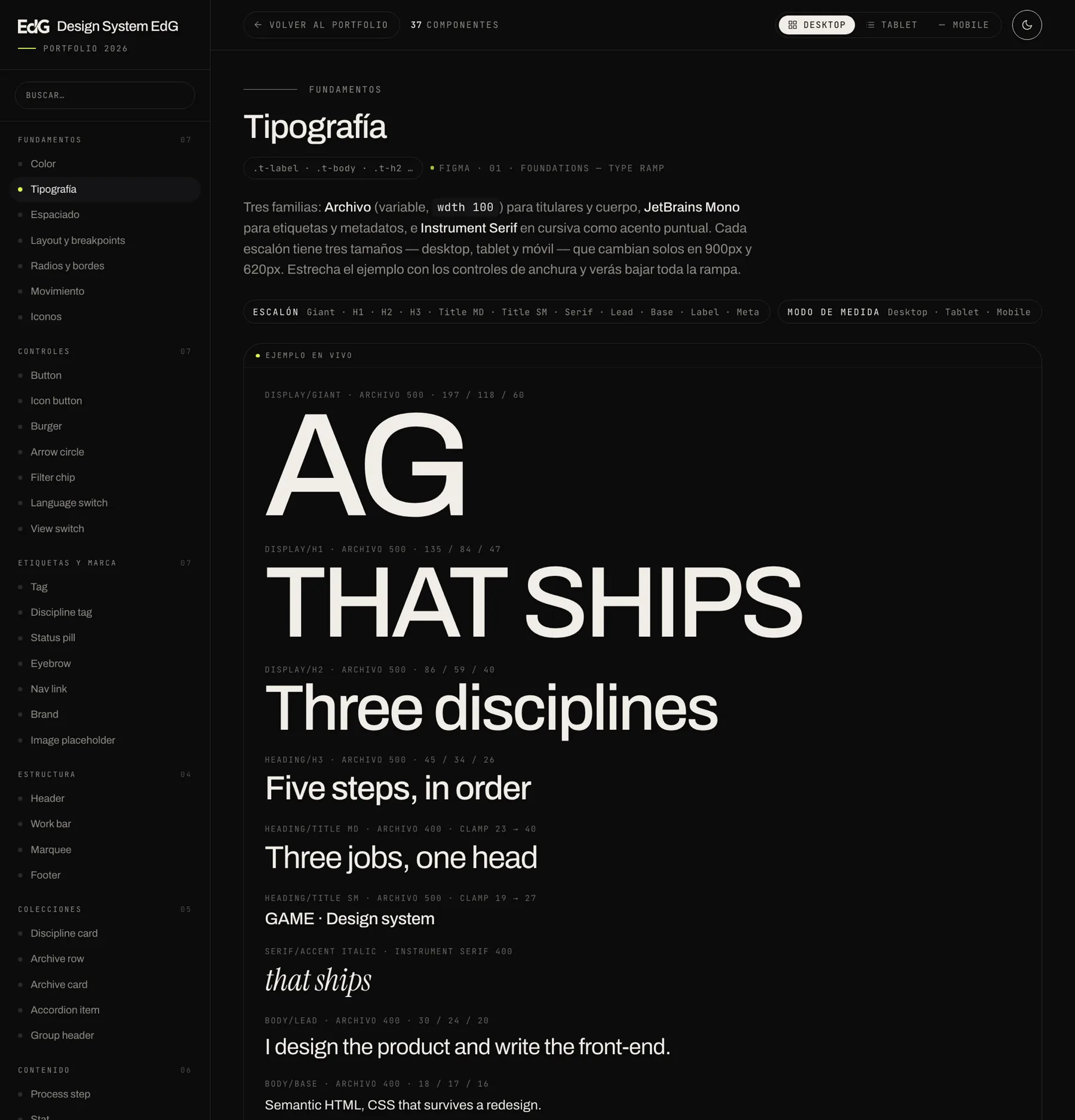 La ficha de tipografía: la rampa completa de Archivo, JetBrains Mono e Instrument Serif, con los tres tamaños de cada escalón anotados