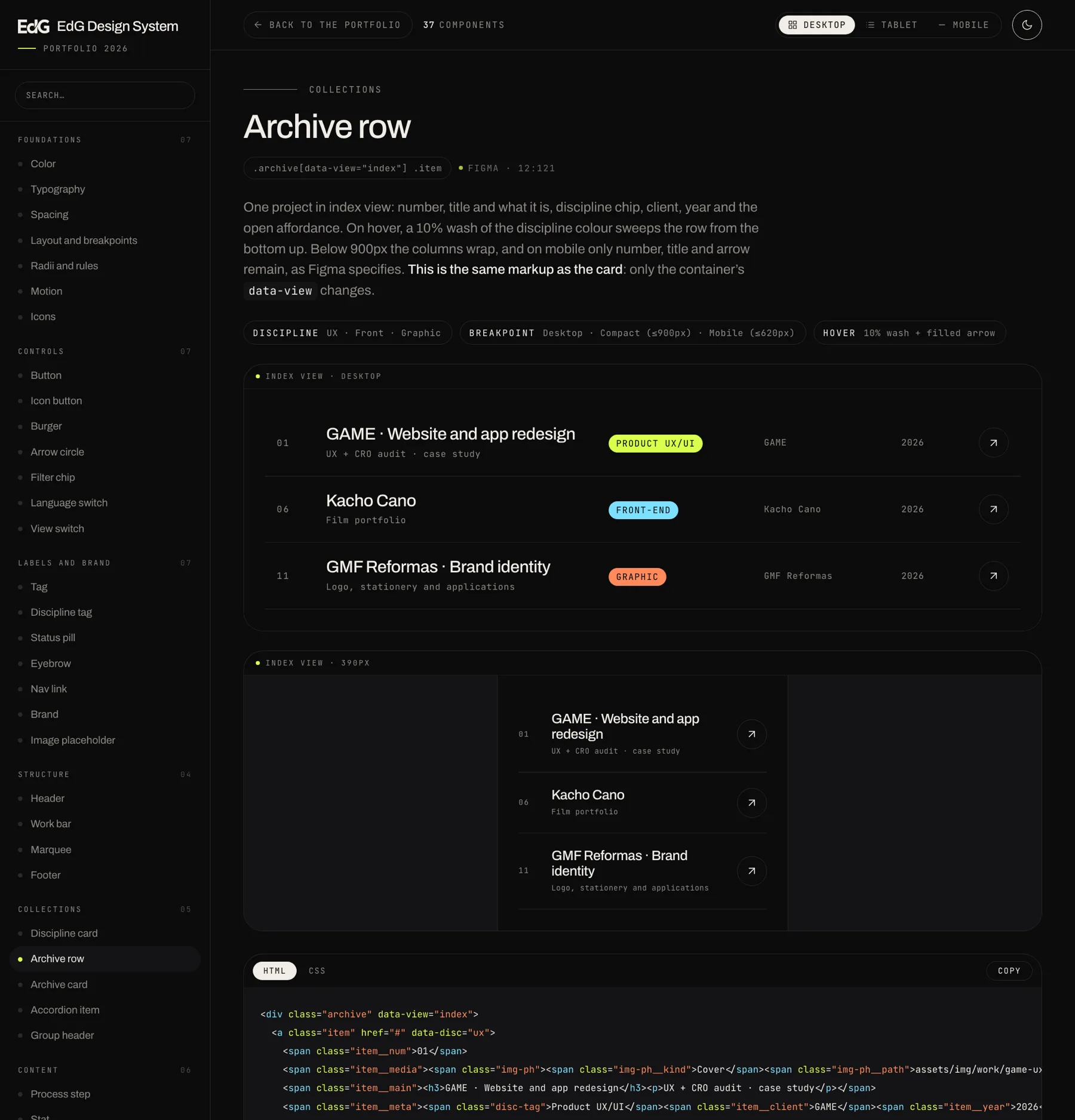The archive row page: three projects, each with its discipline chip in its own colour, and below them the HTML that generates them