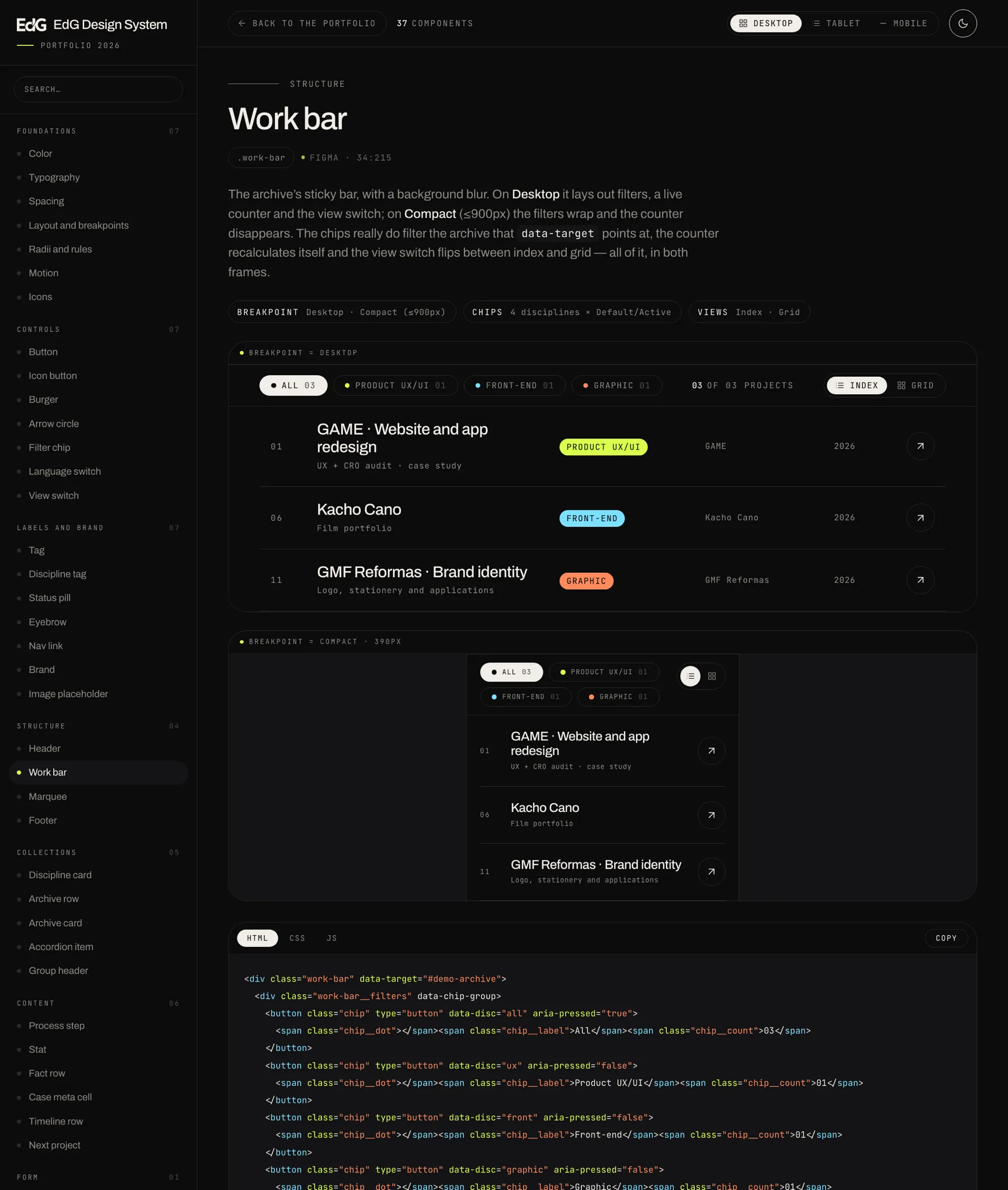 The work bar page with its two frames: the same component at desktop width and at 390 pixels, with its code below