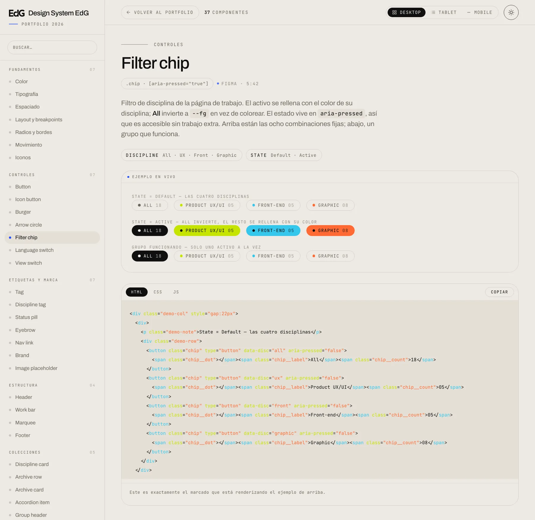La ficha del chip de filtro en tema claro: los cuatro chips en reposo y activos, con el acento azul del modo claro