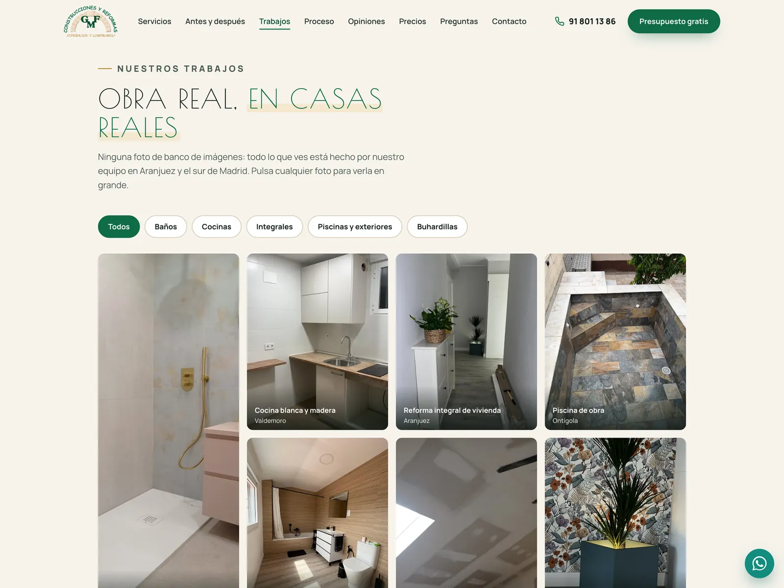 The “Real work in real homes” section: the filter bar —All, Bathrooms, Kitchens, Full renovations, Outdoors, Lofts— and the grid of site photographs, each with its label and town