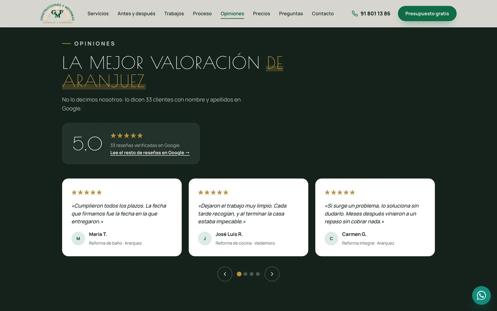 The reviews section on a dark green background: the headline “The best rating in Aranjuez”, the card with the 5.0 and the 33 verified Google reviews, and the carousel with three customer reviews