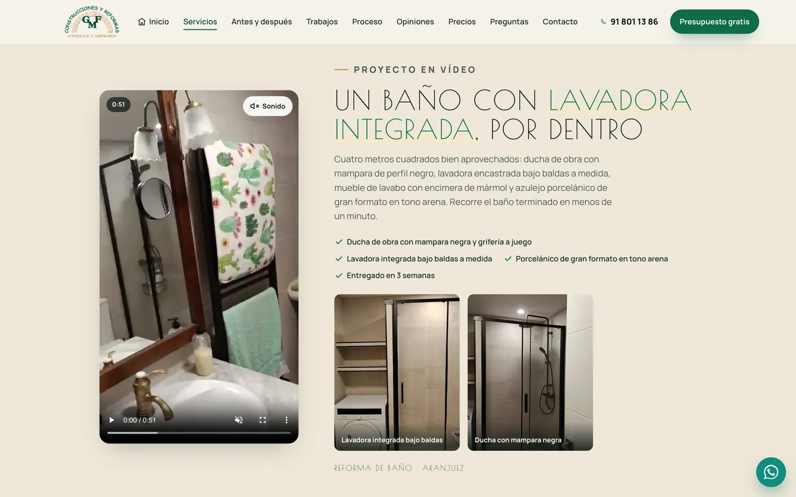 The video section of the bathroom page: the headline “A bathroom with a built-in washing machine, from the inside”, the explanatory text and the vertical video with its poster and sound button
