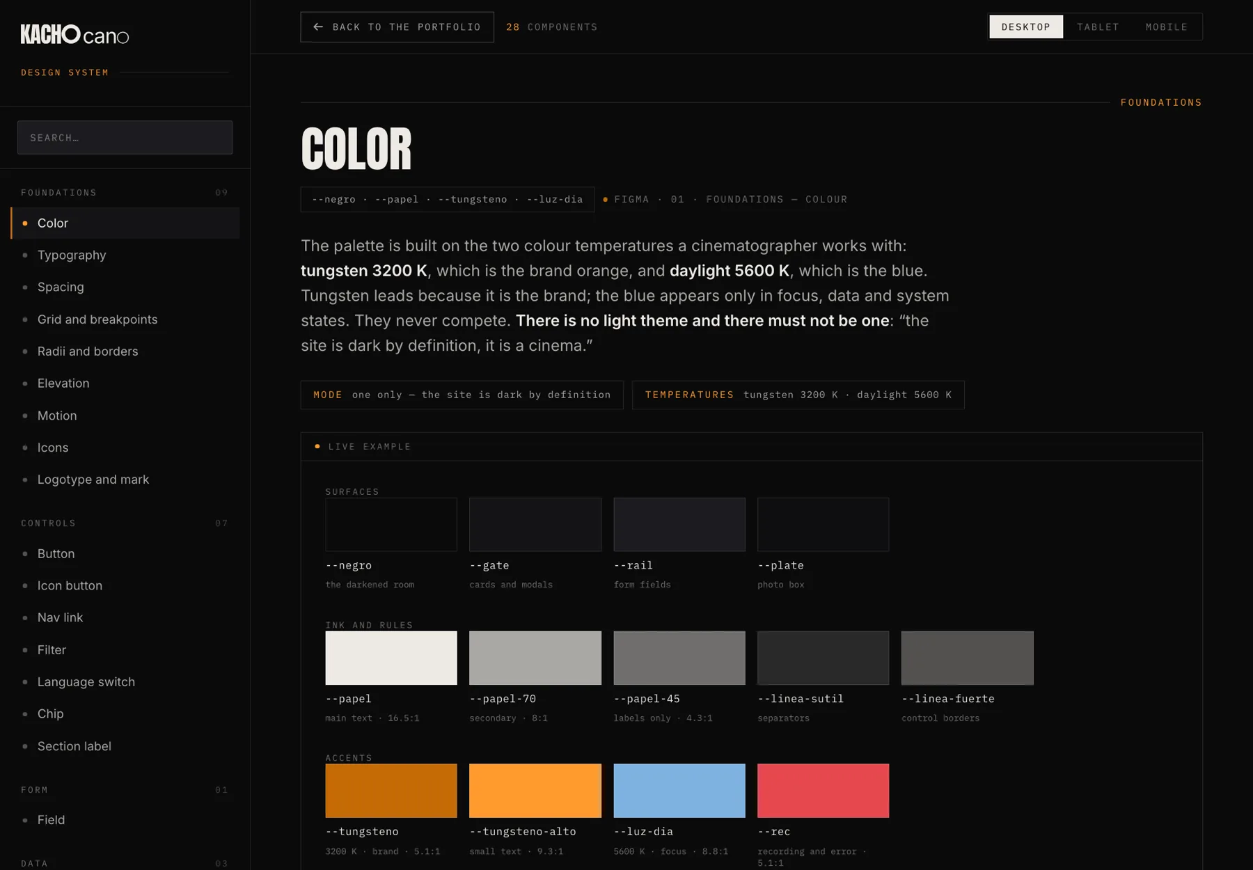 The Colour page of the Kacho documentation: surfaces, ink and rules, and the four accents with their contrast ratio noted