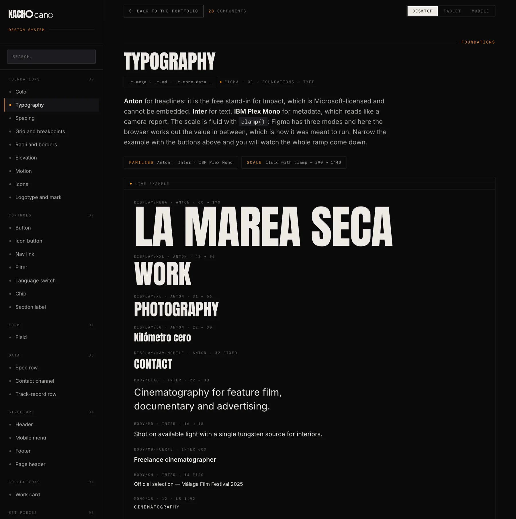 The Kacho typography page: the ramp in Anton, Inter and IBM Plex Mono, with the fluid range of every step