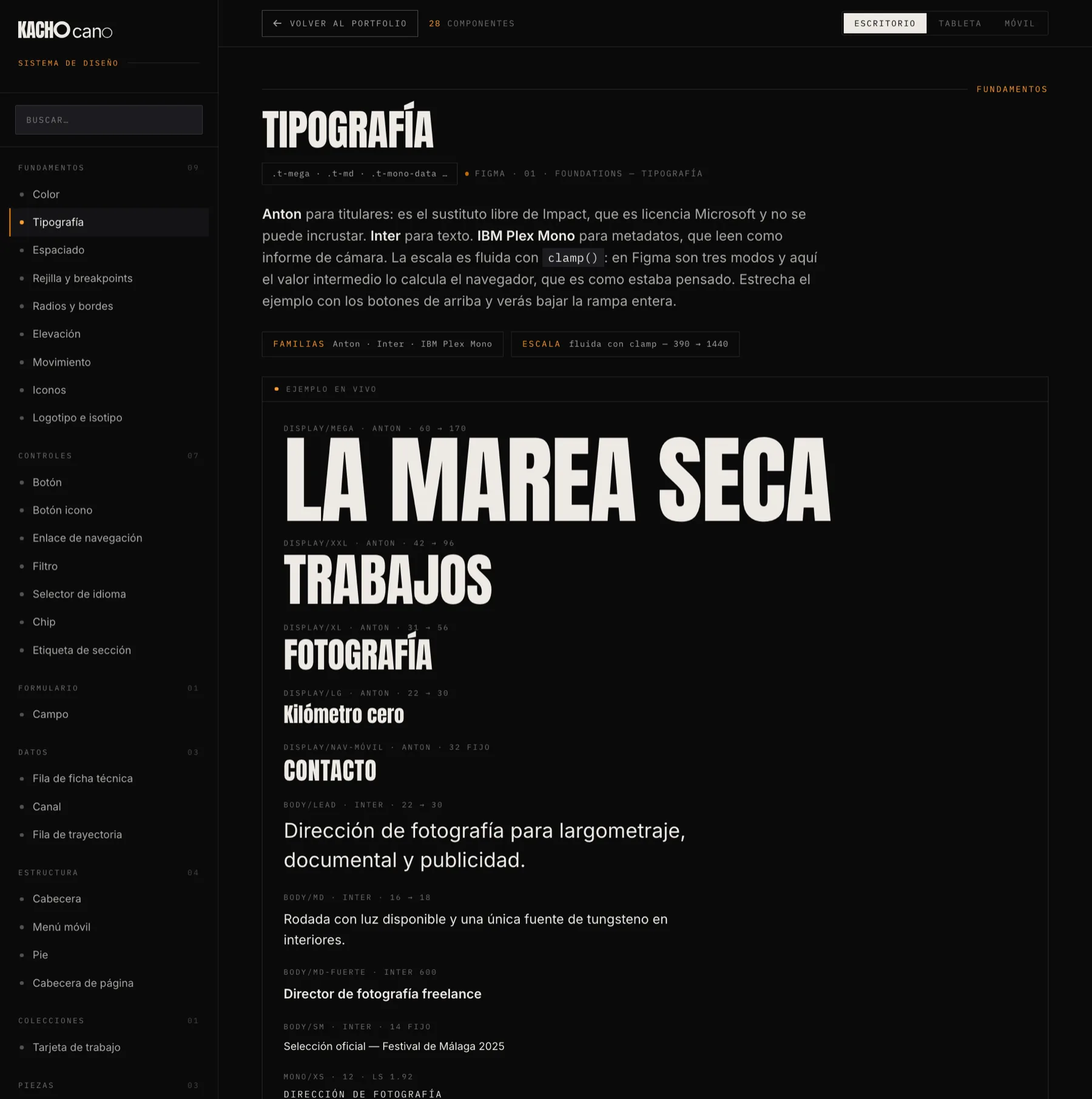 La ficha de tipografía de Kacho: la rampa en Anton, Inter e IBM Plex Mono, con los rangos fluidos de cada escalón