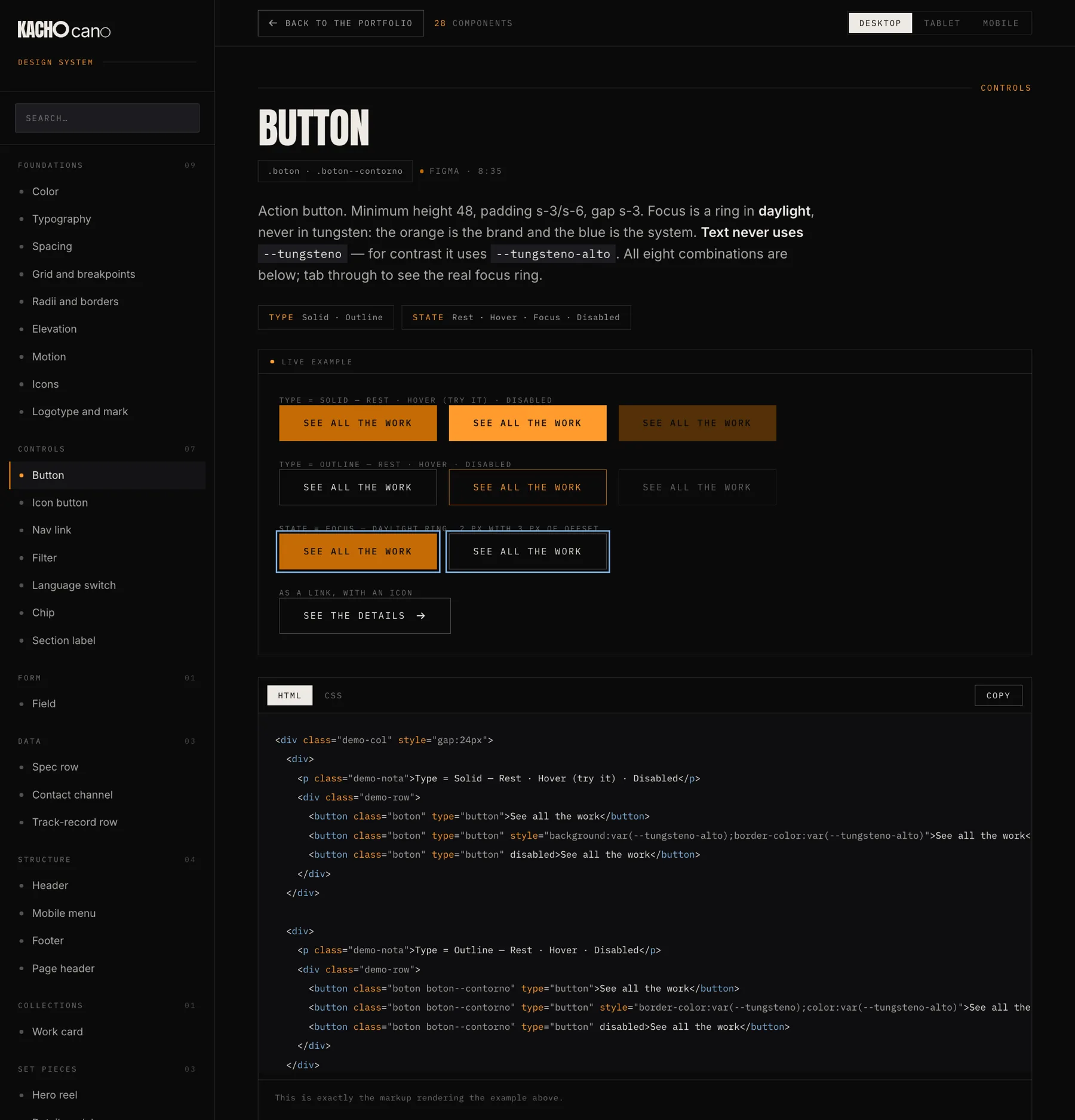 The Kacho button page: the solid and outline variants at rest, hover, focus and disabled, with the highlighted HTML below
