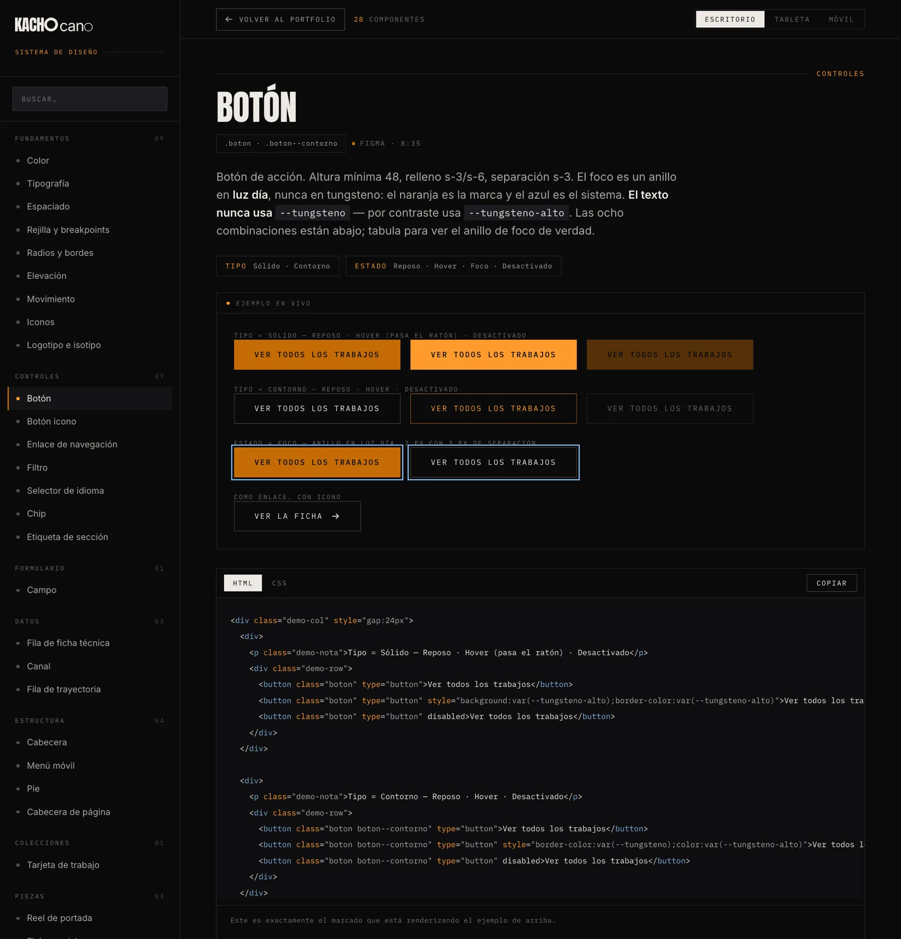 La ficha del botón de Kacho: las variantes sólida y de contorno en reposo, hover, foco y desactivado, y debajo el HTML resaltado