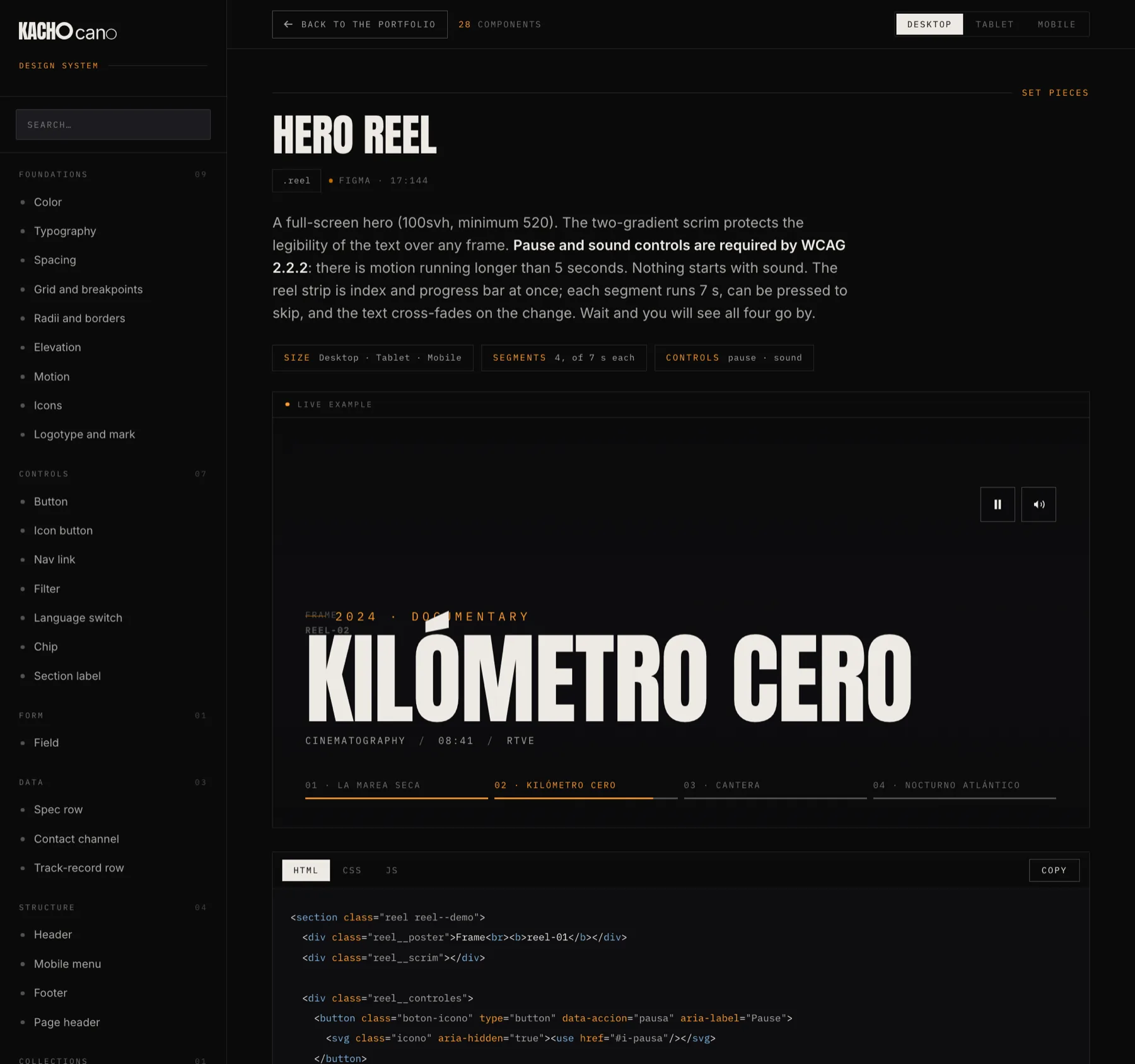 The hero reel page: the reel strip with its four segments, the pause and sound controls, and the headline over the frame