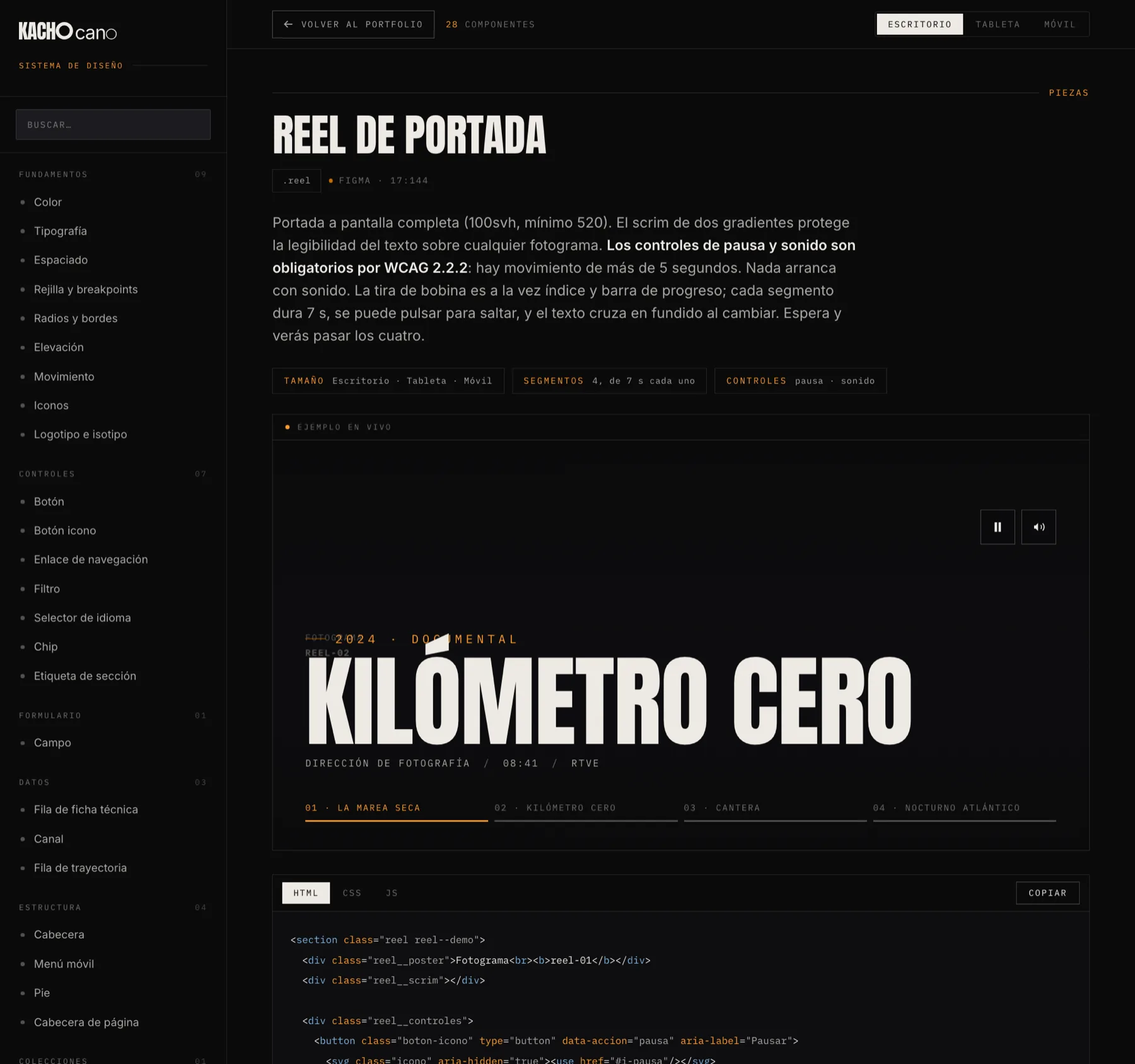 La ficha del reel de portada: la tira de bobina con sus cuatro segmentos, los controles de pausa y sonido, y el titular sobre el fotograma