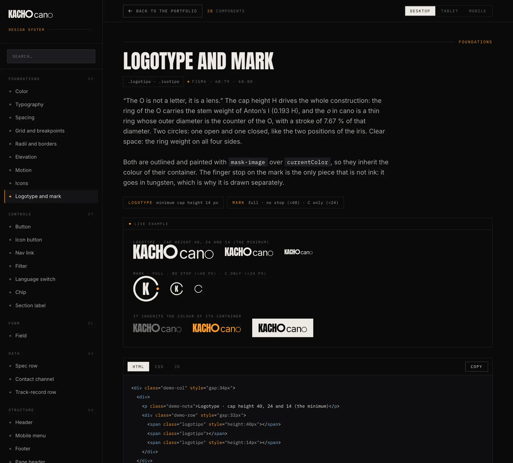 The logotype and mark page: the three logotype heights and the three reductions of the mark, full, no stop and C only