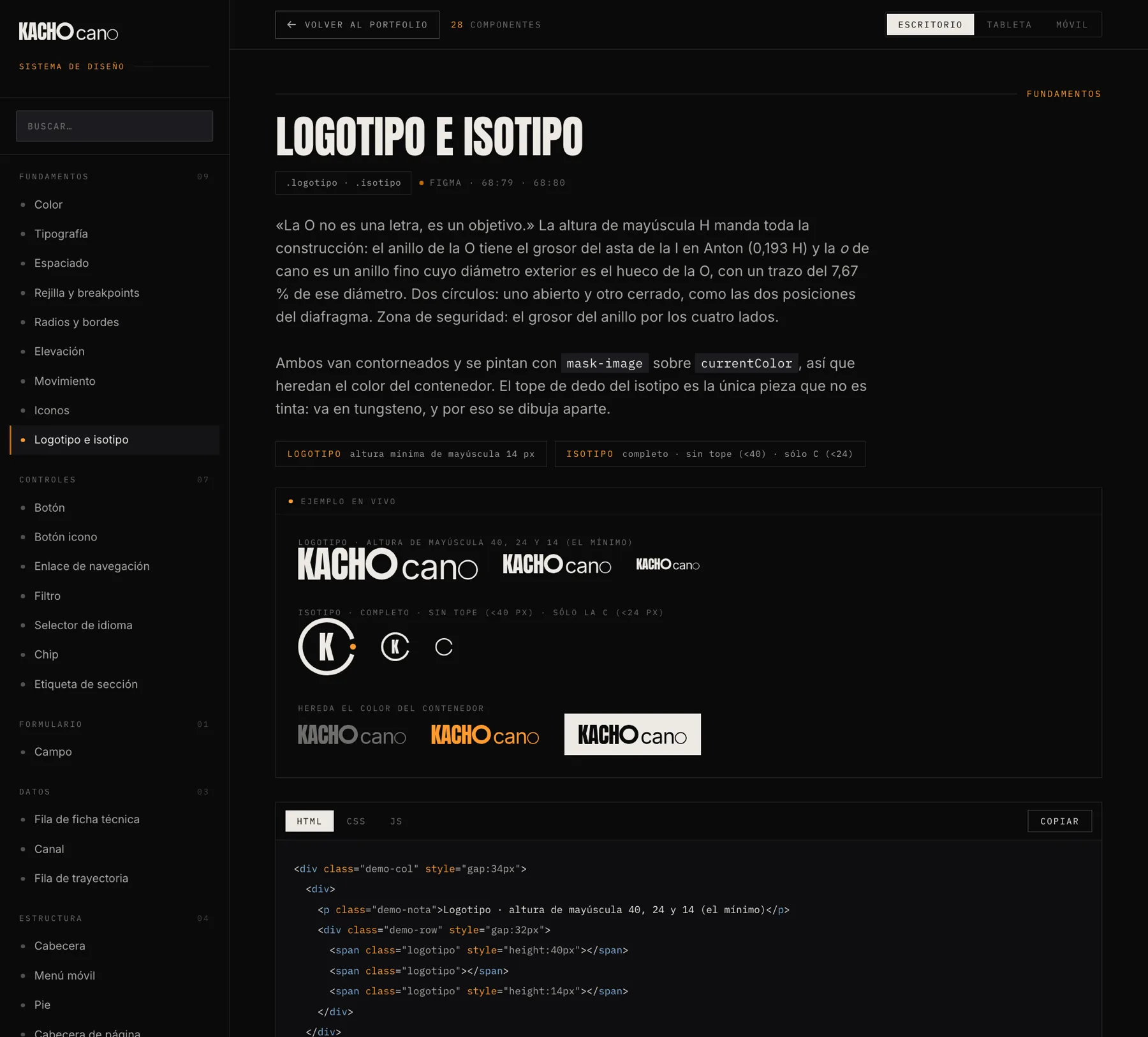 La ficha del logotipo e isotipo: las tres alturas del logotipo y las tres reducciones del isotipo, completo, sin tope y sólo la C