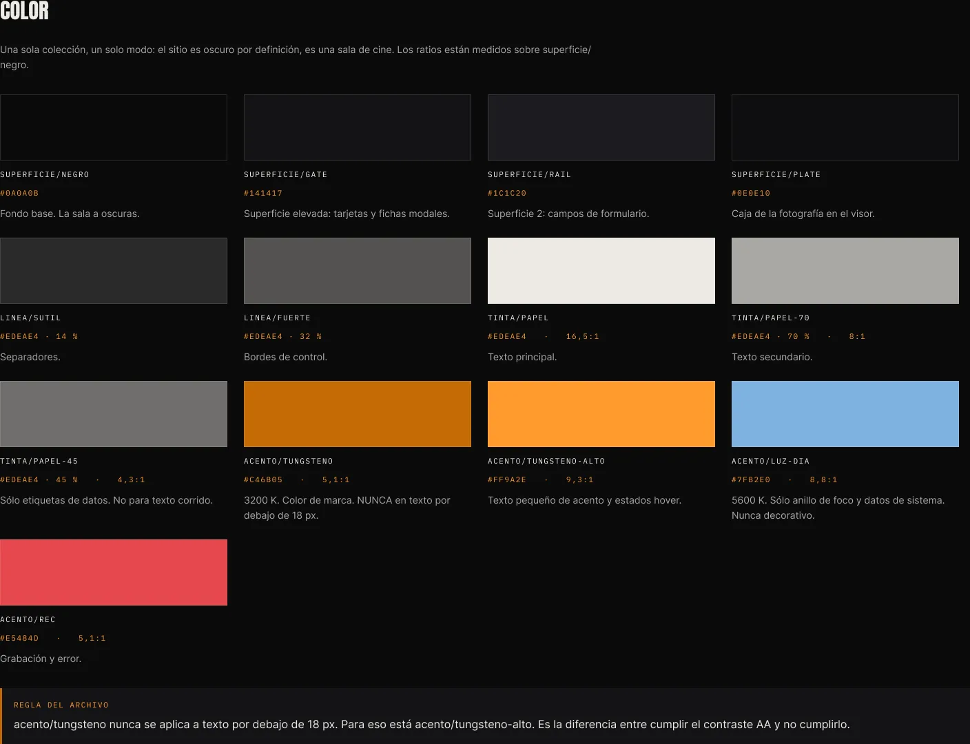 Página de Foundations en Figma con los trece tokens de color: superficies, líneas, tintas y acentos, cada uno con su valor hexadecimal y su uso