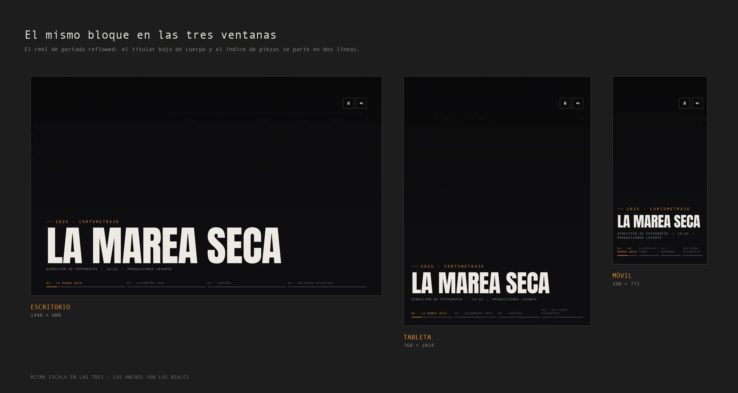 El bloque de reel de portada en escritorio 1440, tableta 768 y móvil 390, a la misma escala, mostrando cómo se reordena