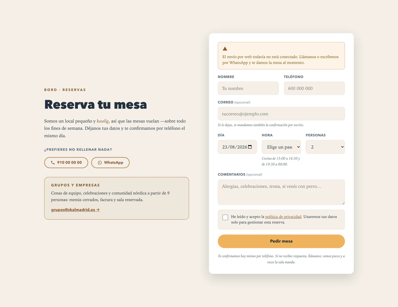 The booking section: phone, WhatsApp and the route for groups on the left; on the right the form with the notice band saying web submission is not connected yet