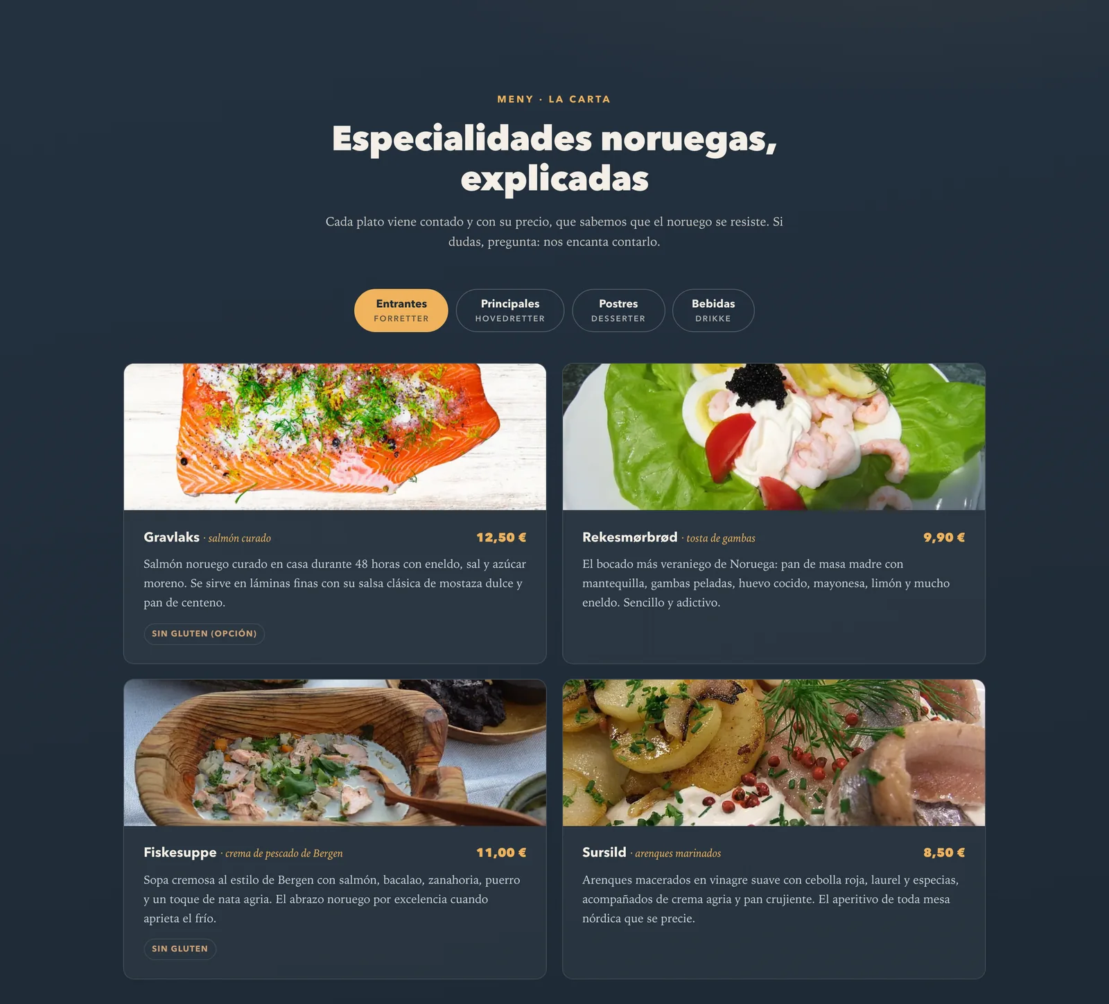 The menu section with its four tabs —starters, mains, desserts and drinks— and four dishes with photograph, description and price