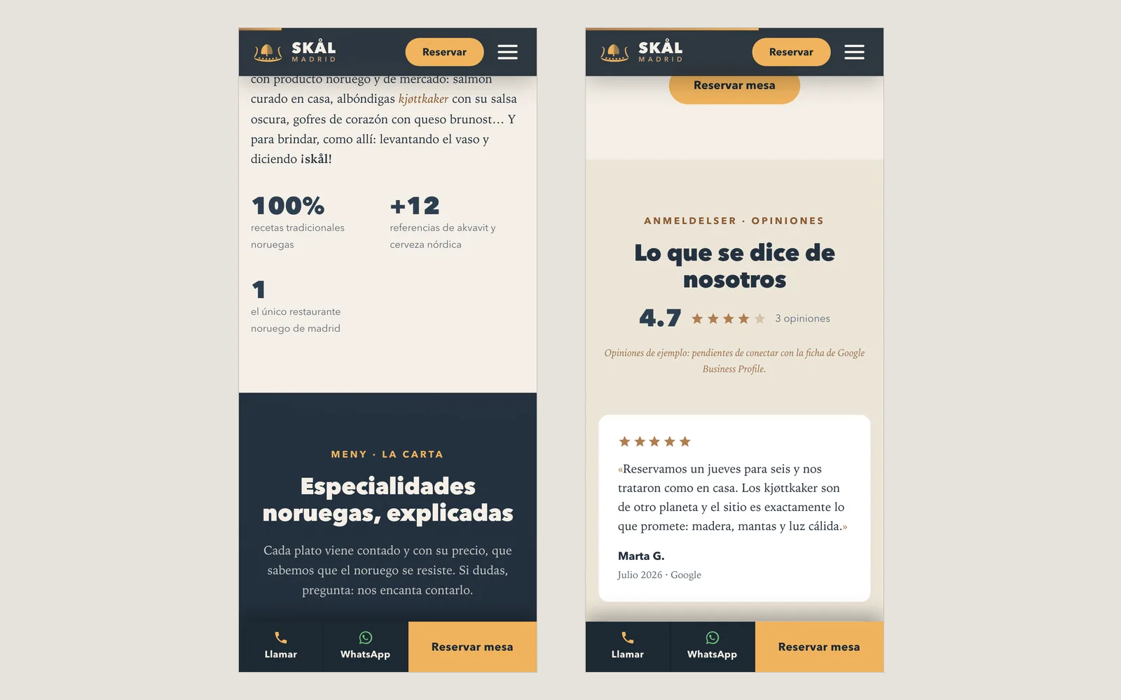 The same site at 390 px in two screens: the menu with the fixed call, WhatsApp and book bar, and the reviews section with the notice that they are samples