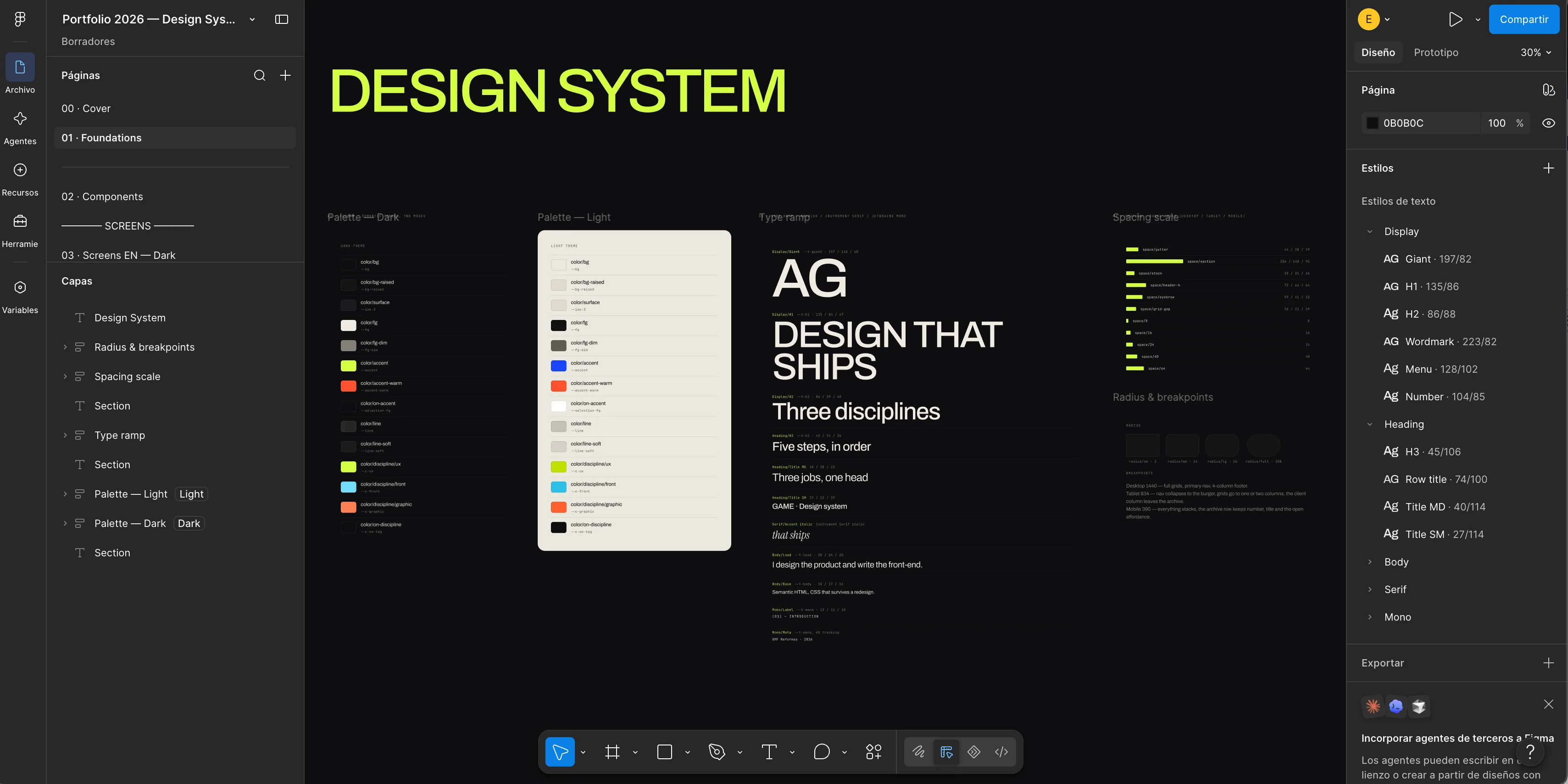 Página de Design System en Figma con la paleta oscura y la clara nombradas por función, la escala tipográfica, la escala de espaciado y la tabla de radios y puntos de corte