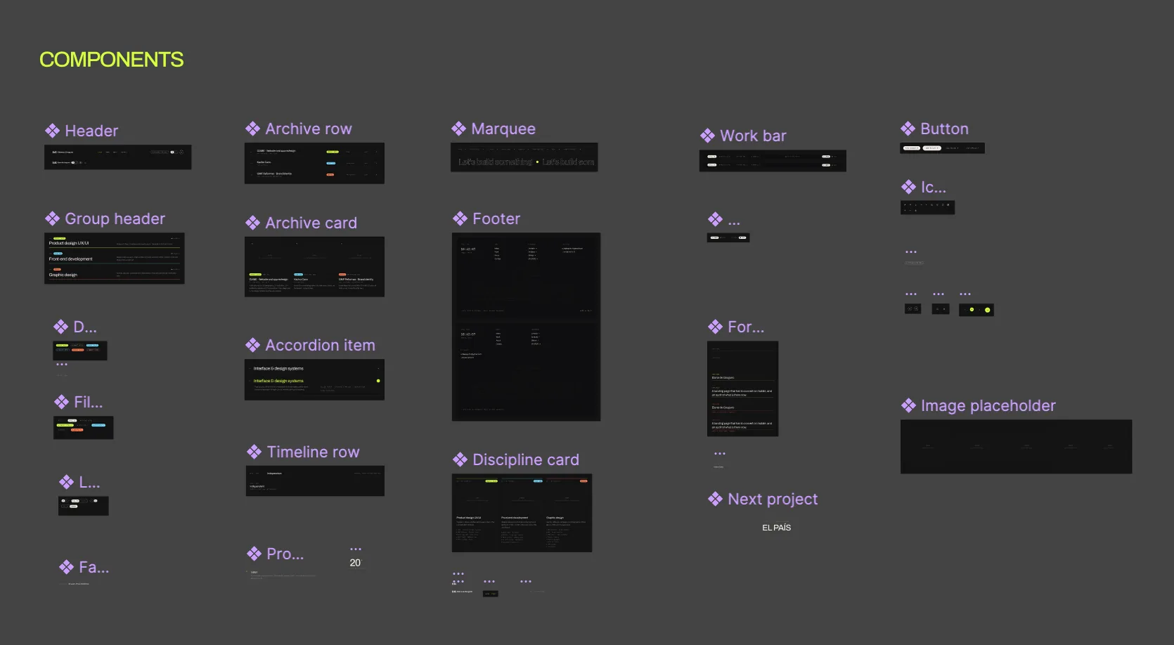 Página de componentes en Figma rotulada COMPONENTS, con cabecera, fila y tarjeta de archivo, marquesina, barra de trabajo, botón, acordeón, fila de trayectoria, tarjeta de disciplina, pie y marcador de imagen