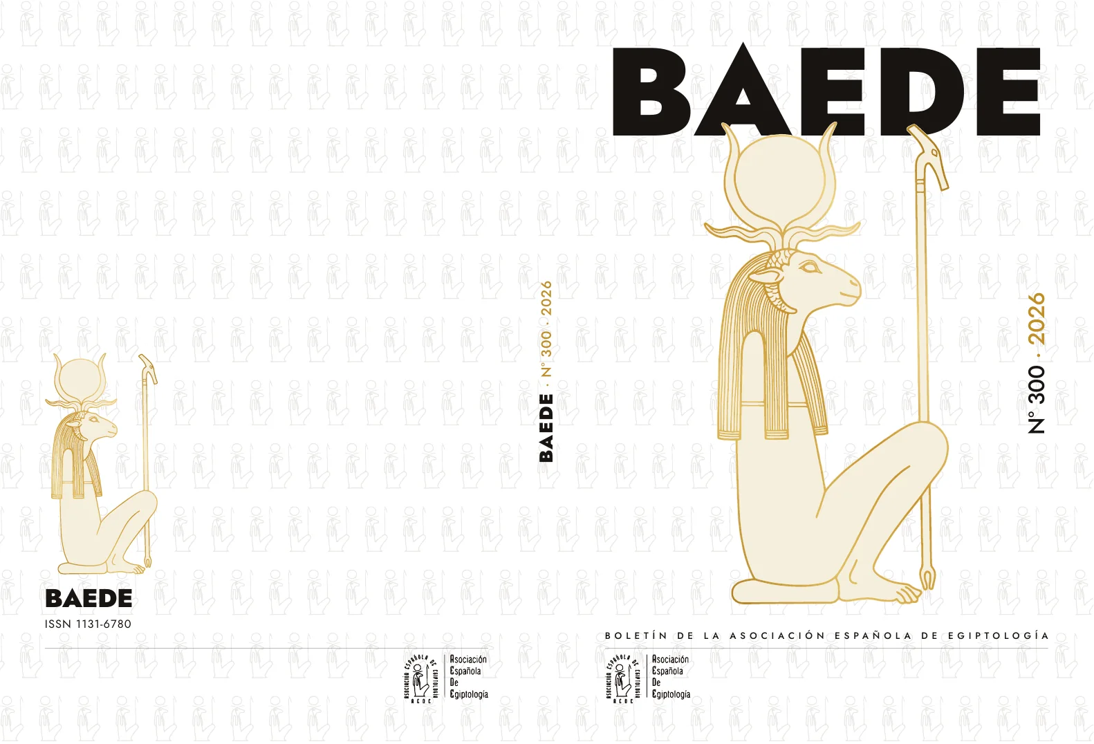 The full BAEDE jacket laid flat: on the left the back cover with a small Herishef, the acronym and the ISSN; in the centre the spine with the rotated title; on the right the front cover with Herishef full size and the numbering set vertically