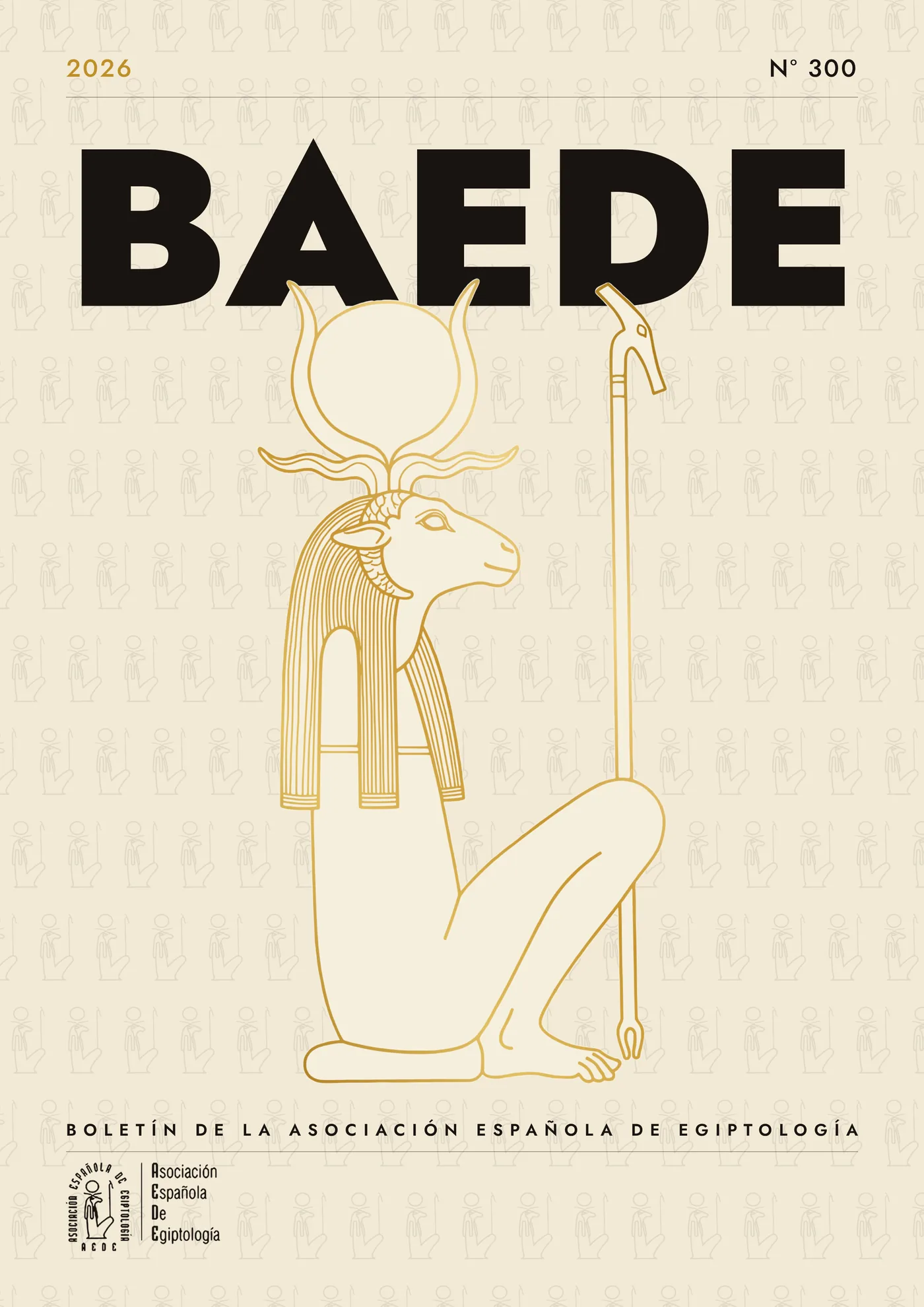 Proposal with Herishef, the seated ram-headed god, drawn in gold line; the BAEDE acronym in a sans serif and the year and issue number in the top corners