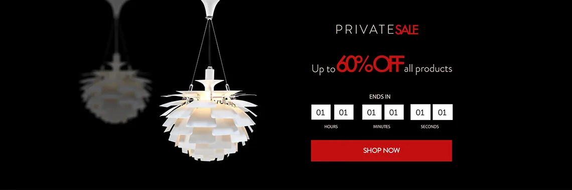 Private Sale banner on black, with Artichoke lamps and a countdown