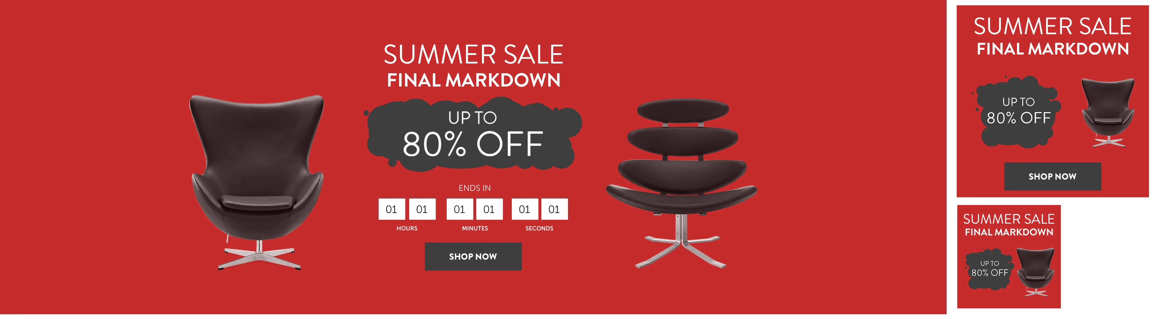 Summer Sale campaign in red: hero piece and two smaller adaptations
