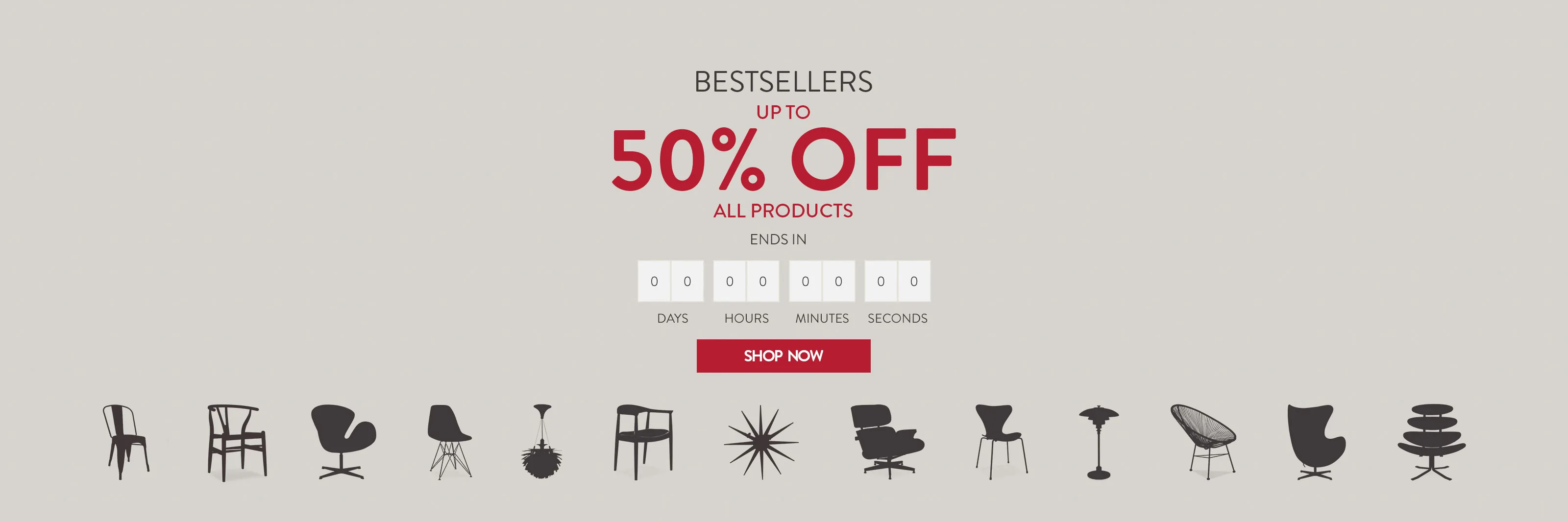Bestsellers banner with a row of chair and lamp silhouettes from the catalogue