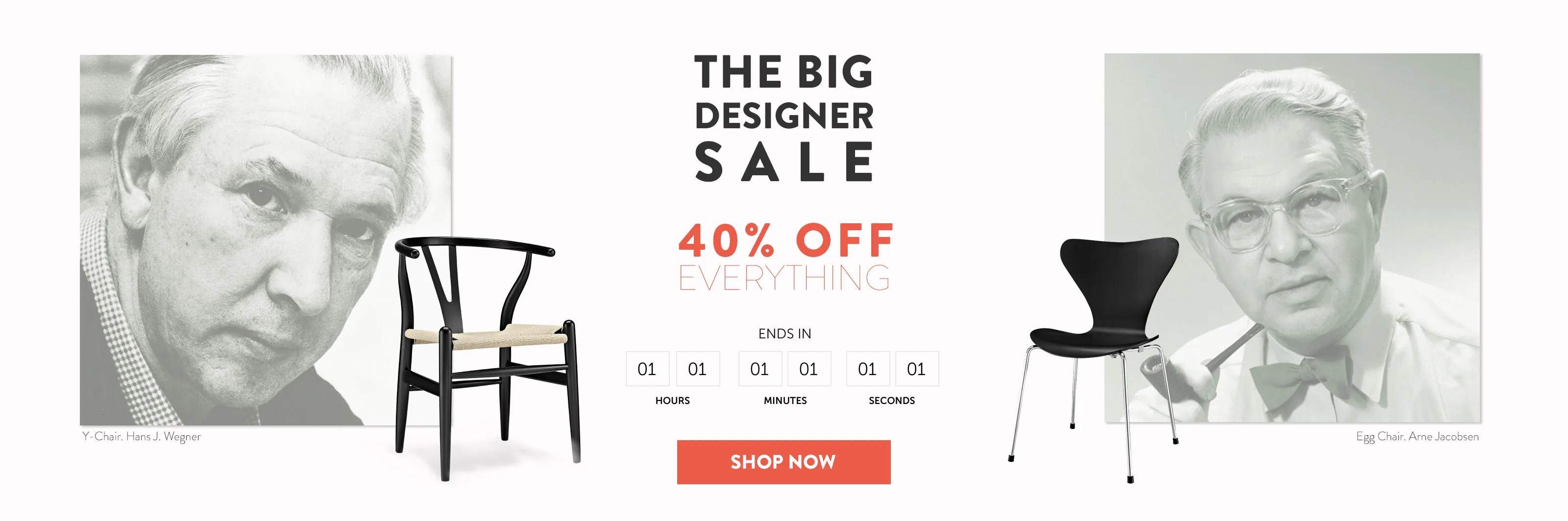 The Big Designer Sale banner with portraits of Hans J. Wegner and Arne Jacobsen beside their chairs