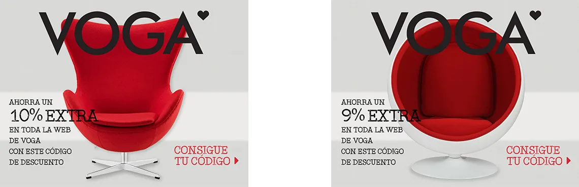 Two VOGA discount-code banners, one with an Egg chair and one with a Ball chair