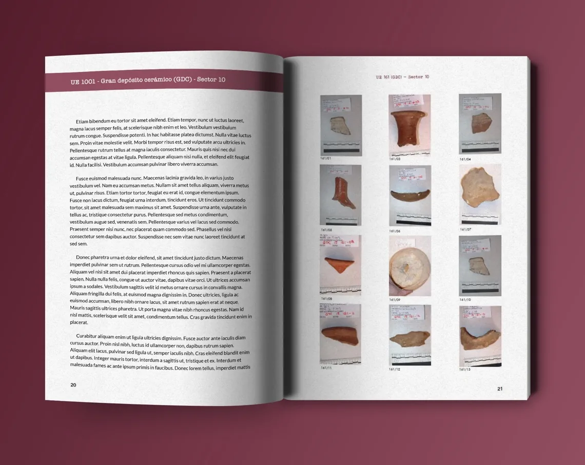 Report spread: text on the left, a grid of numbered ceramic fragments on the right