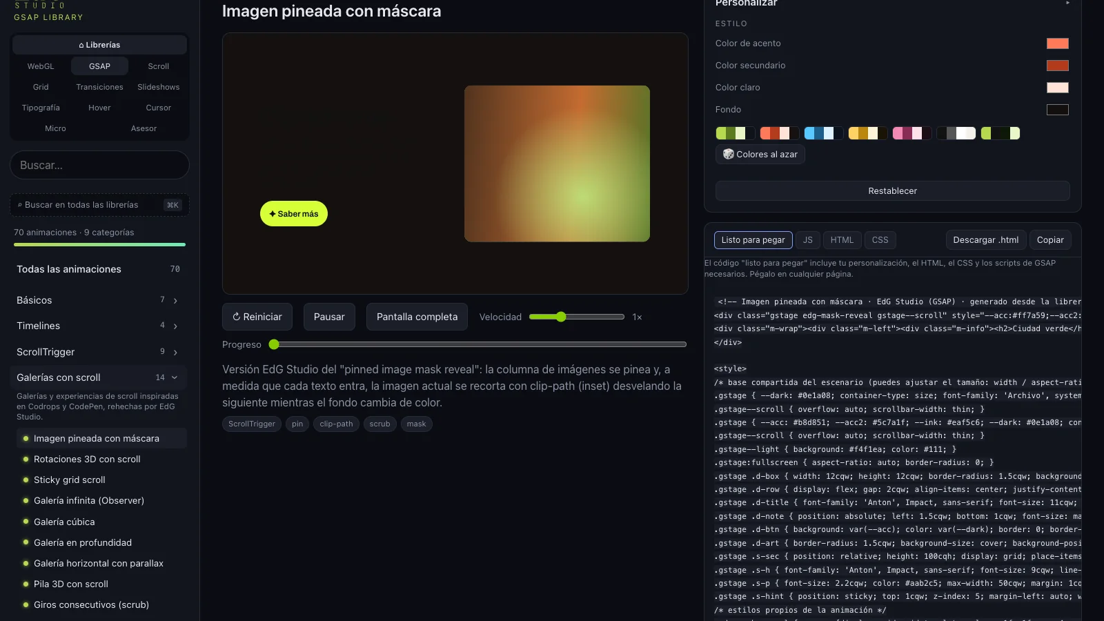 The GSAP library viewer with “Pinned image mask” open: the Customise panel with the orange palette applied and, below, the ready-to-paste code generated with those colours