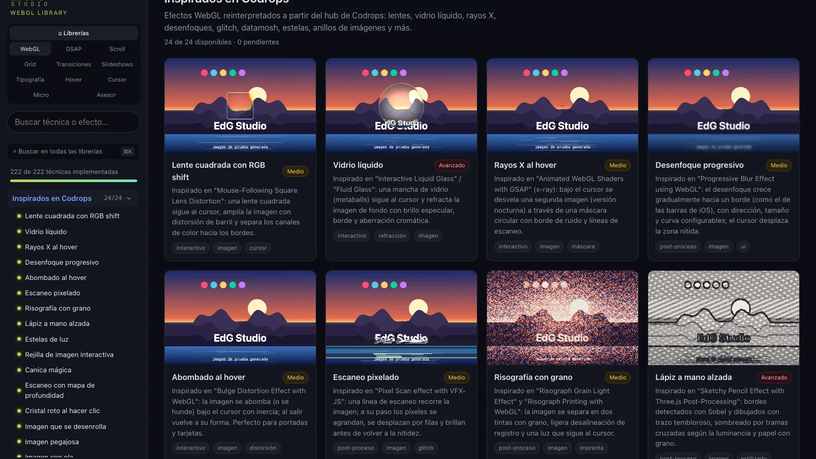 The WebGL library gallery showing the “Inspired by Codrops” category: live-preview cards of RGB-shift lens, liquid glass, x-ray, progressive blur, bulge, pixel scan, risograph and pencil