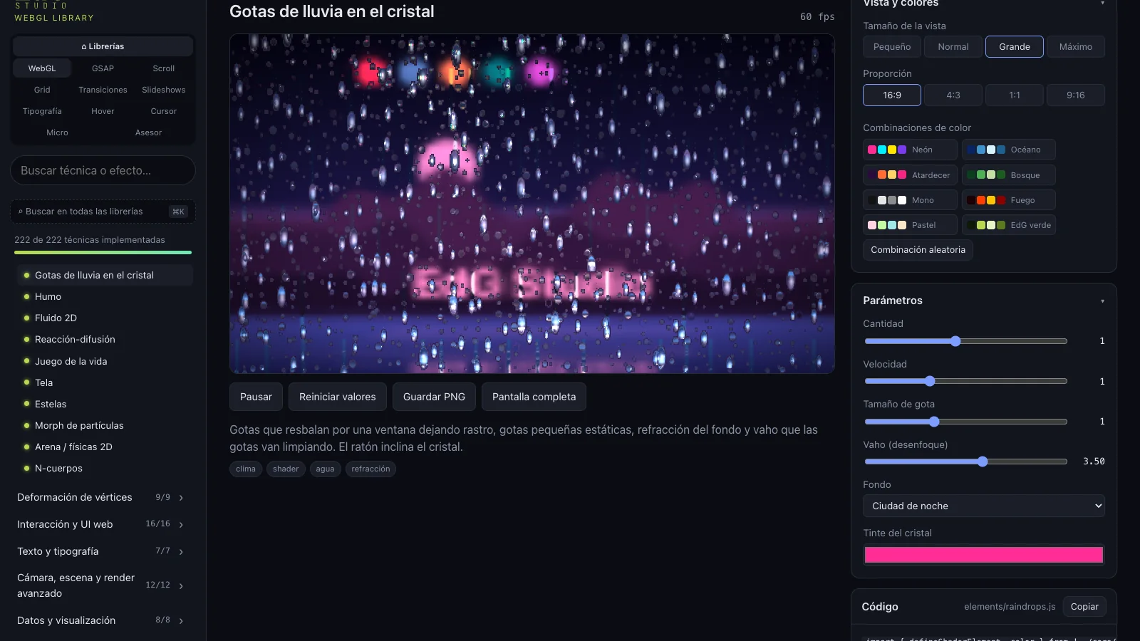The WebGL library viewer with “Raindrops on glass” open: the Neon palette applied, the Large size and the sliders for amount, speed and fog