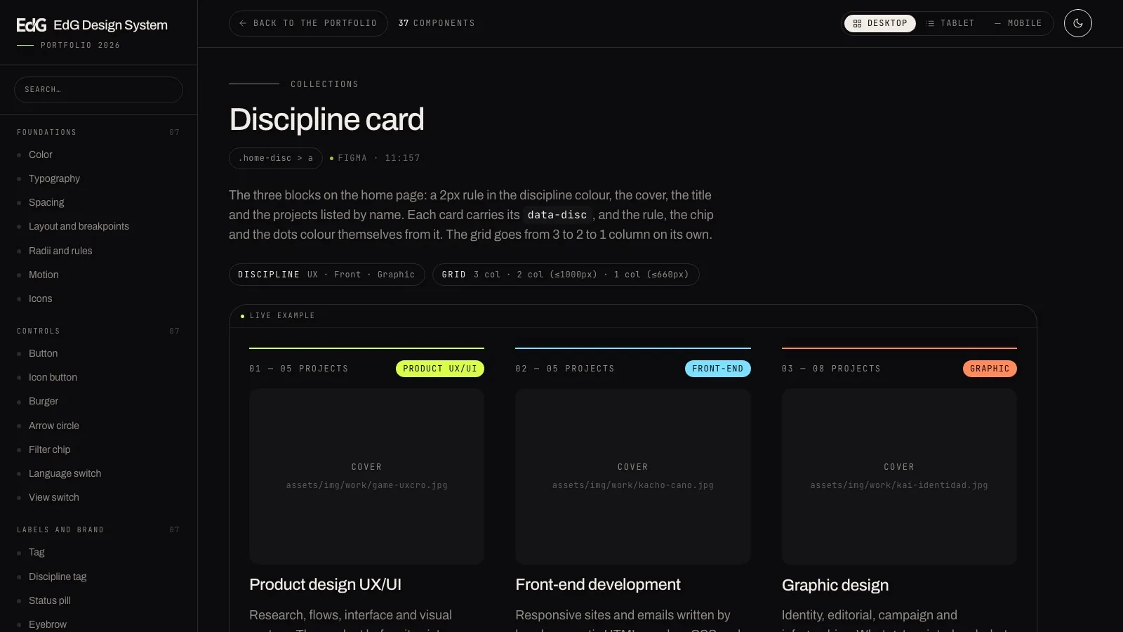 The EdG Design System documentation site, showing the three discipline cards