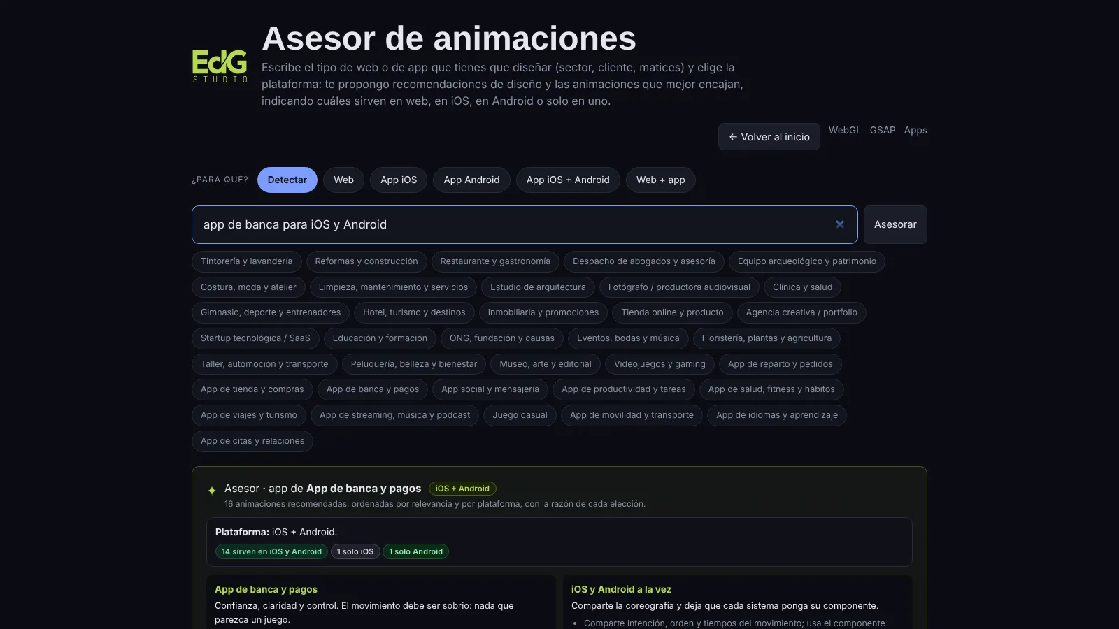 The animation advisor with the query banking app for iOS and Android, the recommendations and the tags showing how many animations work on iOS and Android