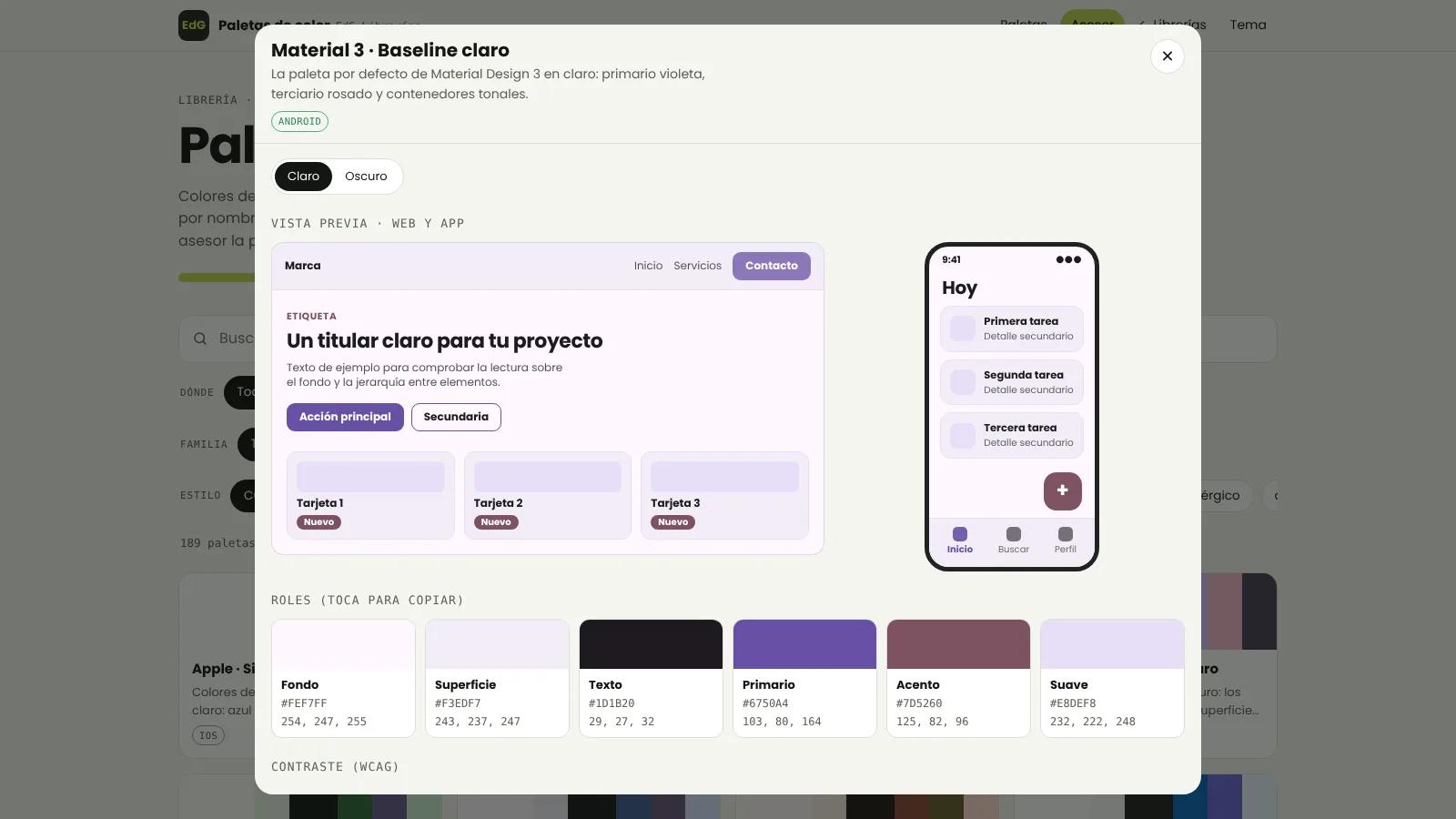 A Material 3 palette open with light and dark versions, a preview of a website and of an app and the six colours with their values