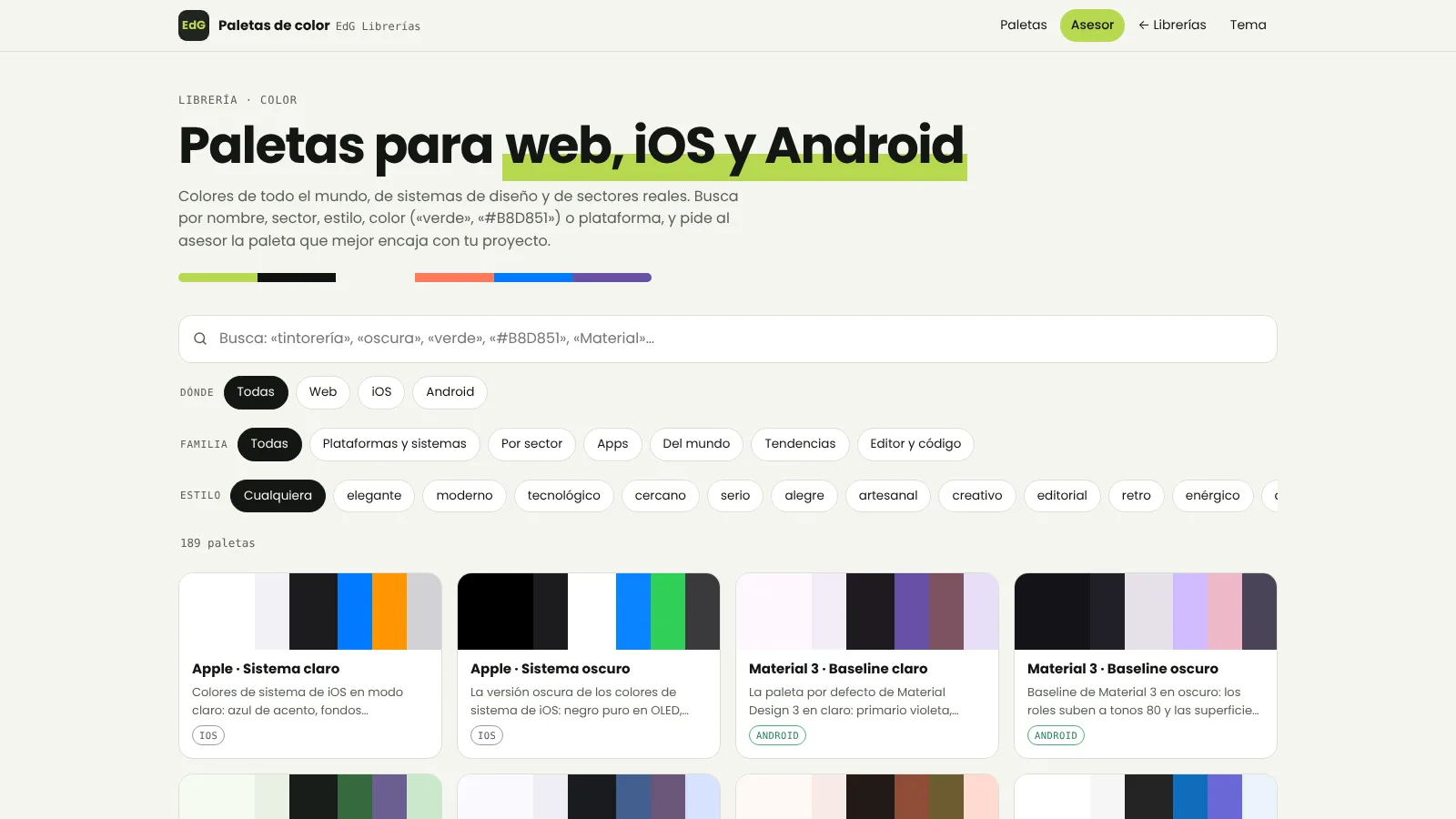 The colour palette library with the Web, iOS and Android tags, the family and style filters and the cards with their six colours