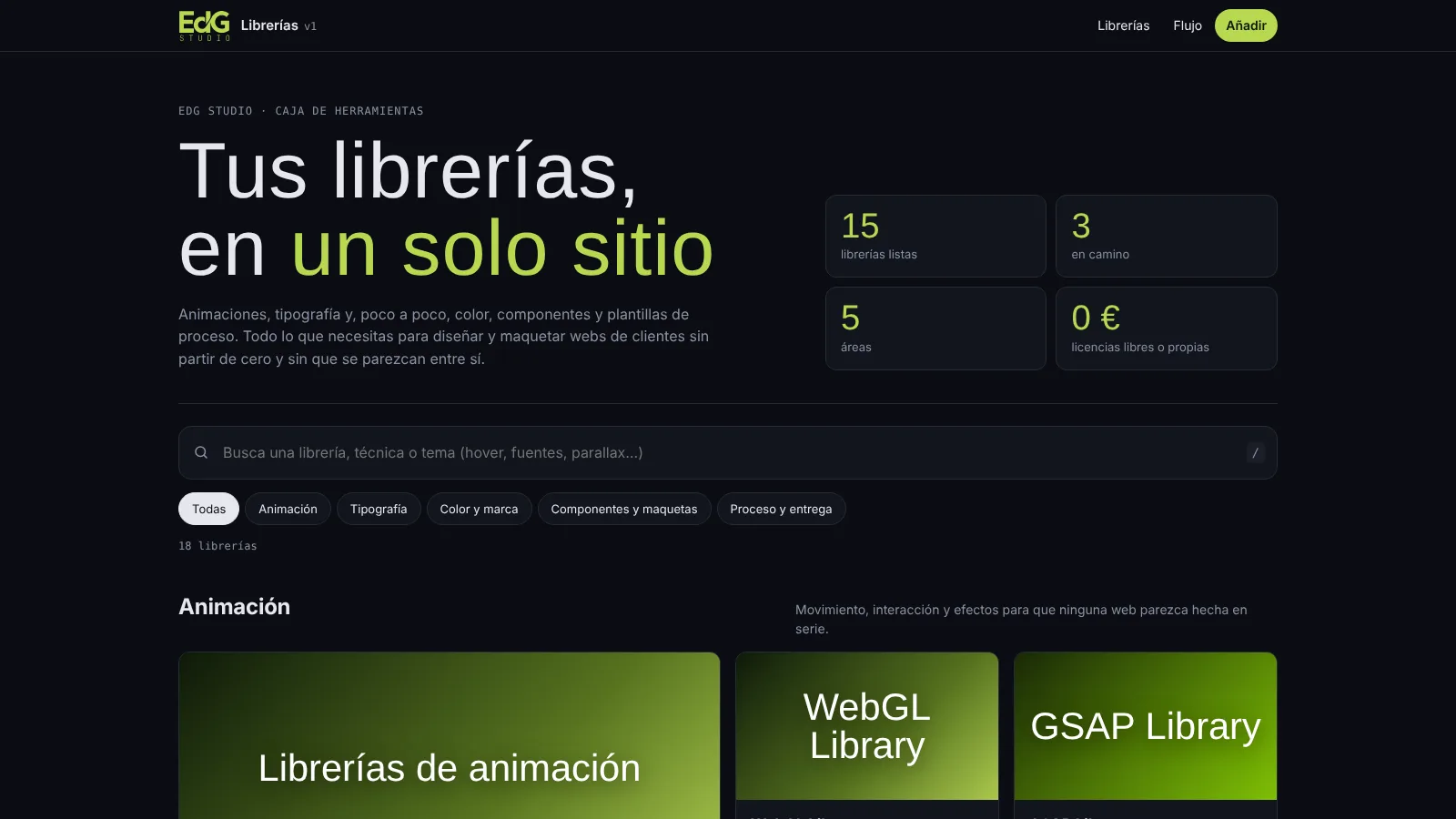 The EdG Libraries hub with the title “Your libraries, in one place”, the search box and the filters by area