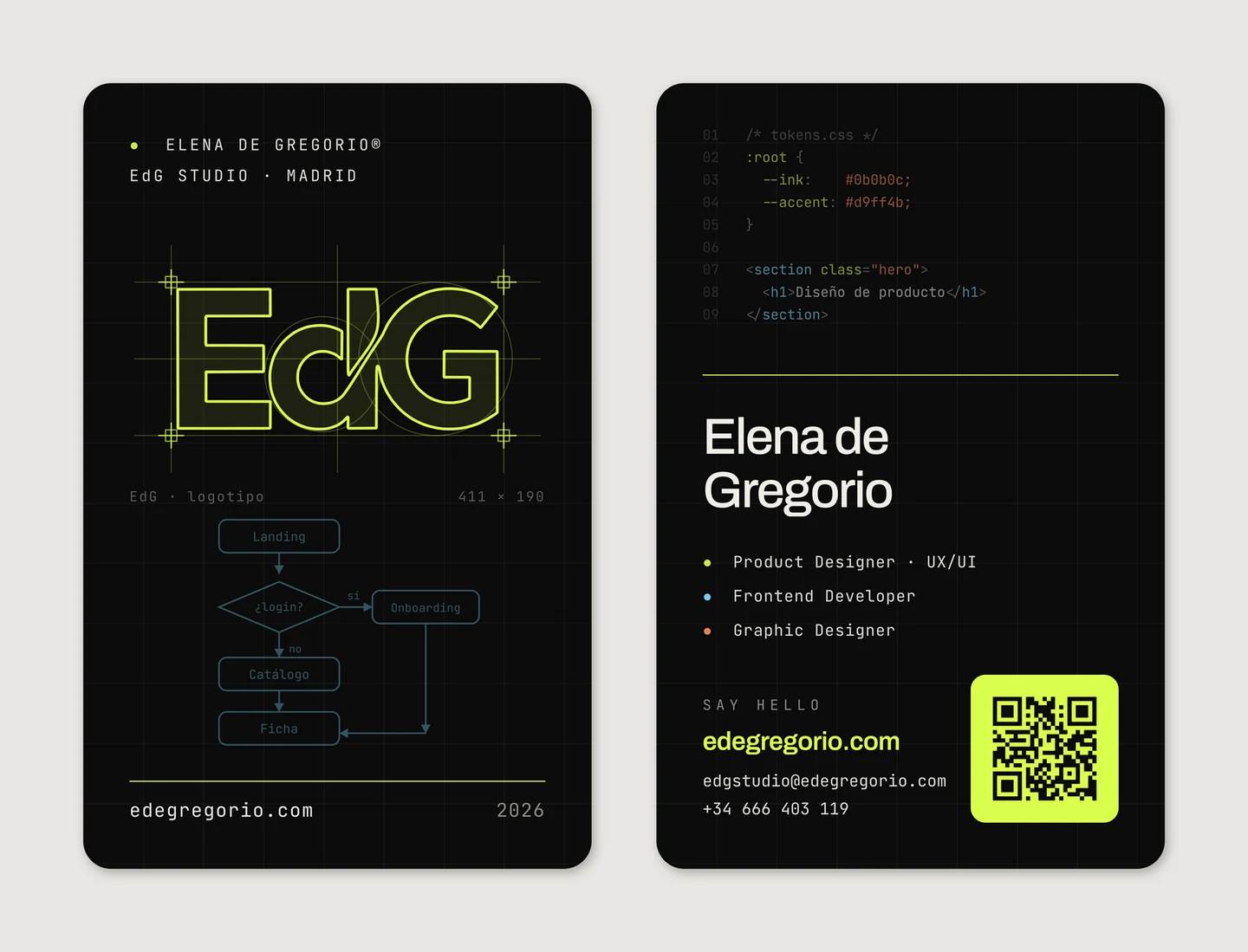 Both faces of the EdG business card exactly as they were delivered