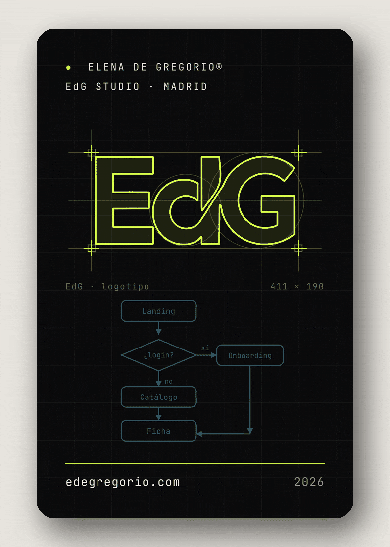 The card turns on its vertical axis: from the front with the logotype over its grid to the back with the block of code, the name and the QR that opens the portfolio
