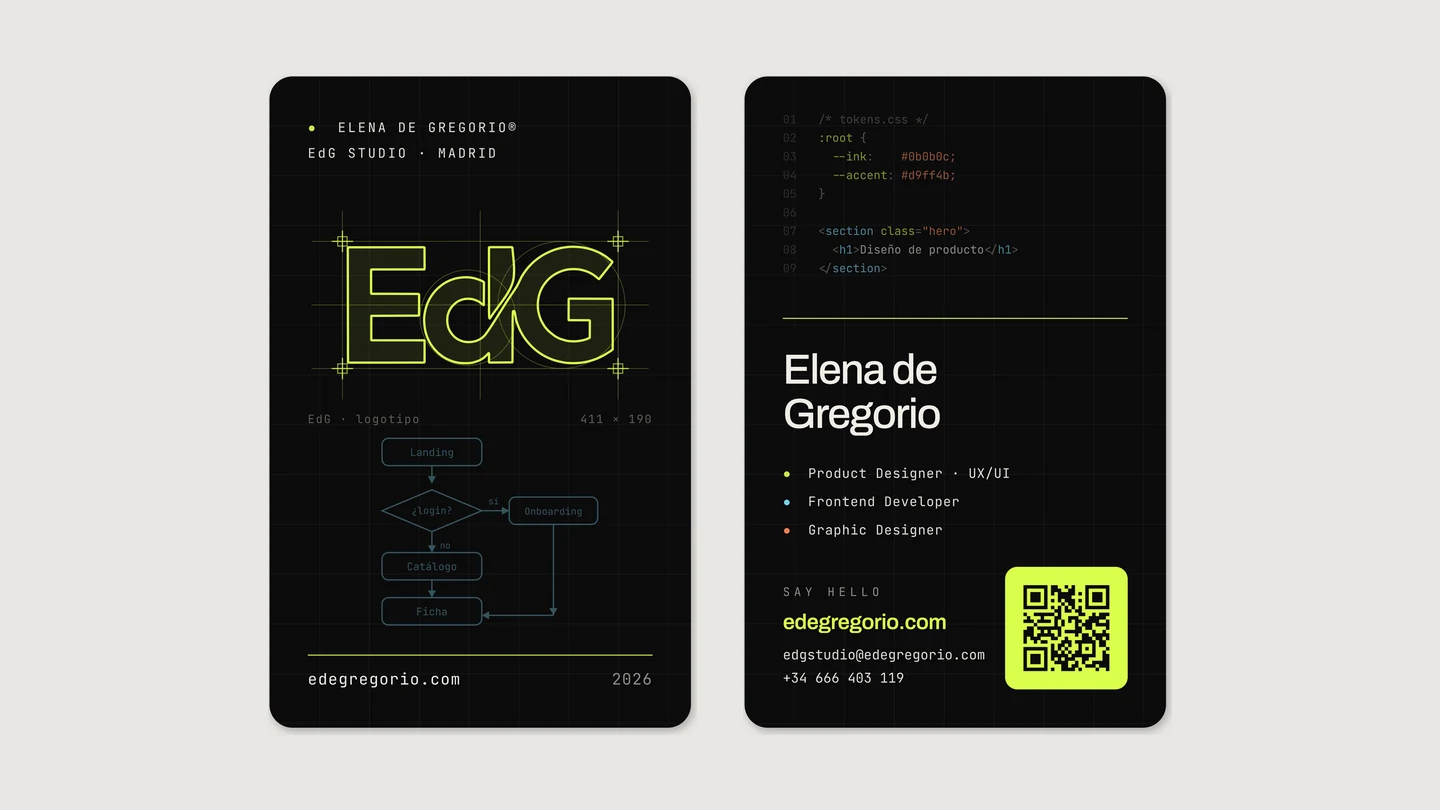 Both faces of the EdG business card: the logotype over its grid and the details over a block of code
