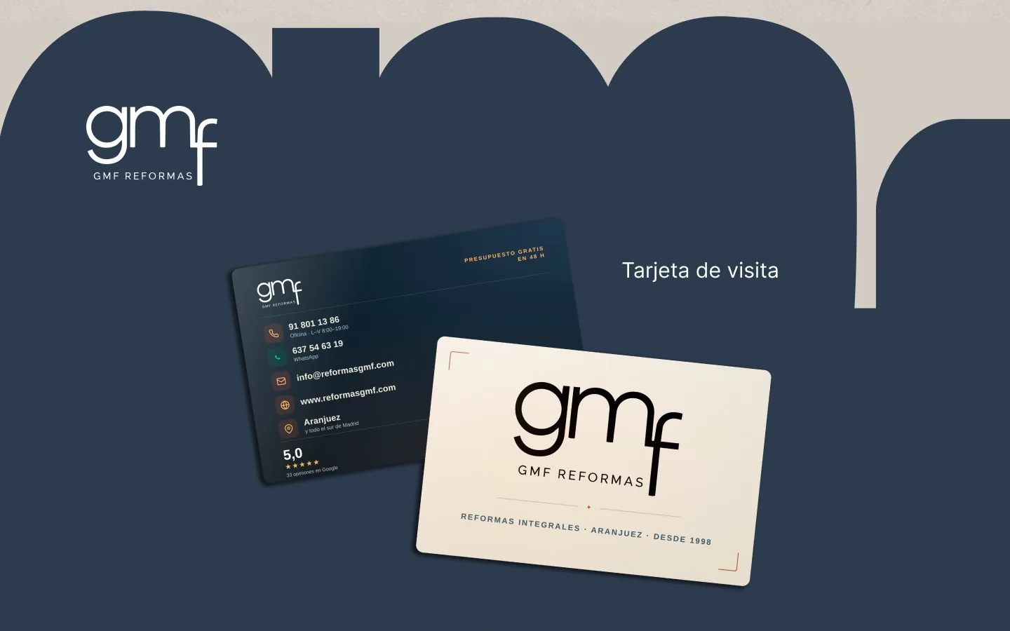 Tarjeta de visita: presupuesto gratuito en el anverso, contacto y valoración en el reverso
