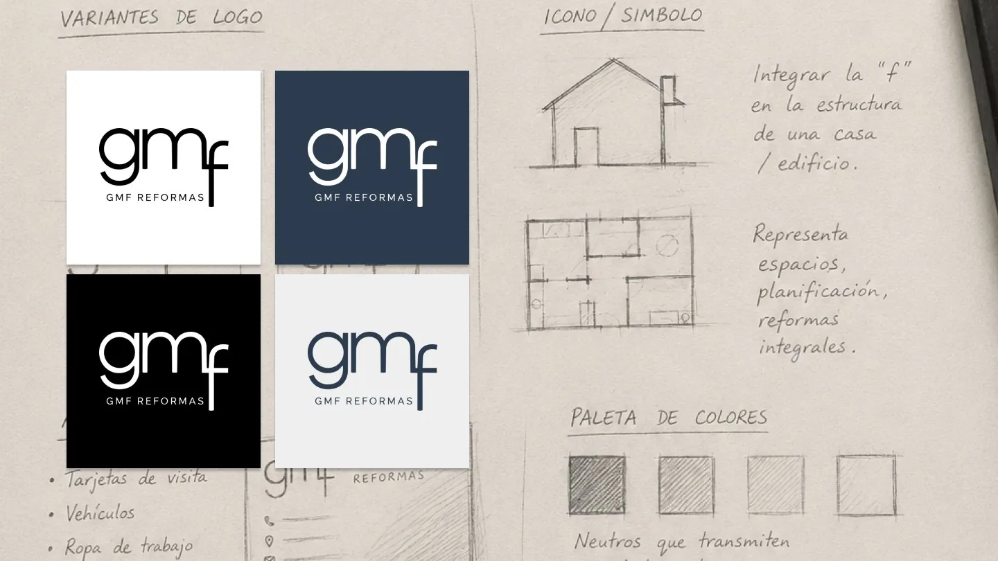 Graphic design: the logo variants for GMF Reformas, on white, navy, black and light grey